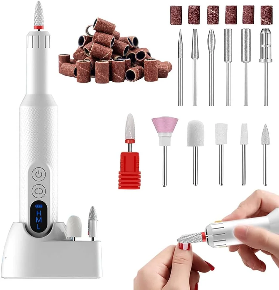 دستگاه سوهان ناخن برقی بی‌سیم برای ناخن‌های اکریلیک، قابل حمل، حرفه‌ای، شارژی، با سری‌های سرامیکی، نوارهای سمباده، کیت مانیکور و پدیکور بی‌سیم برای پولیش و فرم دادن