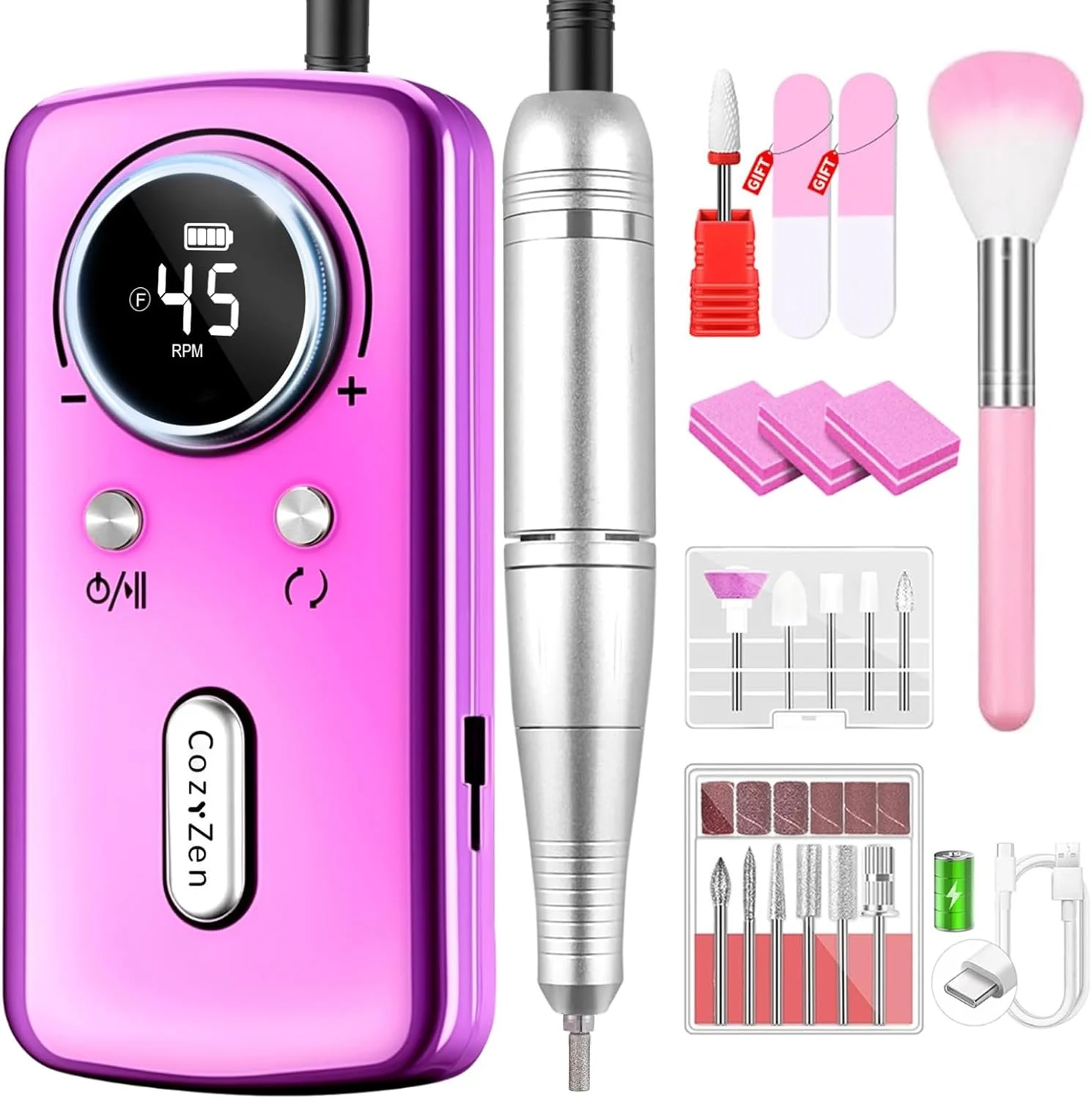 دستگاه سوهان برقی ناخن حرفه ای CozyZen: کیت سوهان برقی قابل شارژ 45000 دور در دقیقه، قابل حمل و کم صدا برای ناخن های اکریلیک و ژل، مانیکور و پدیکور - مناسب برای سالن و استفاده خانگی (Dazzle Plus)