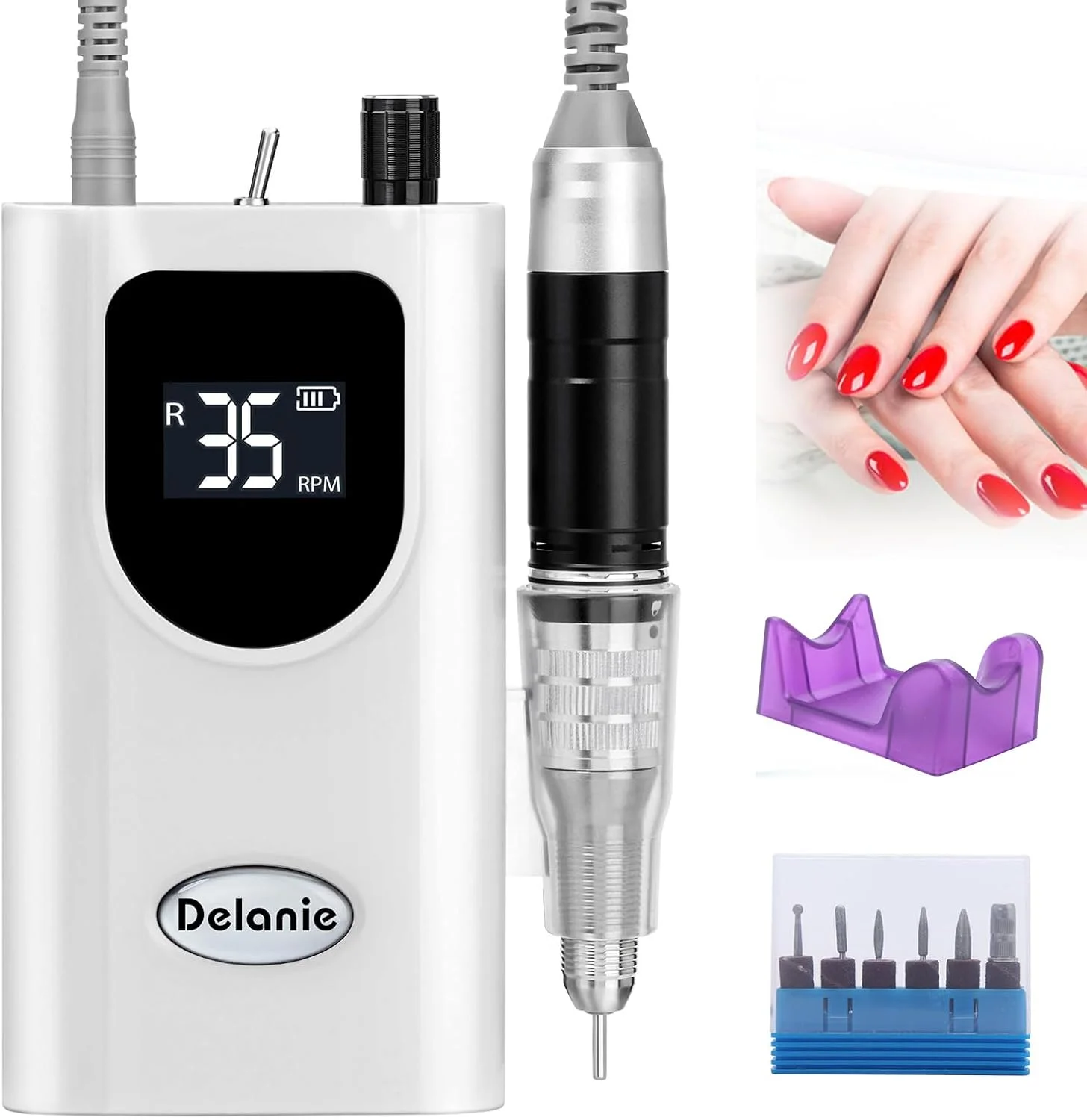 دستگاه سوهان برقی ناخن حرفه ای قابل حمل Delanie، 35000 دور در دقیقه، شارژی و بی سیم، مناسب برای پودر دیپ، ناخن های ژلی آکریلیک، ابزار ناخن سالنی، سفید