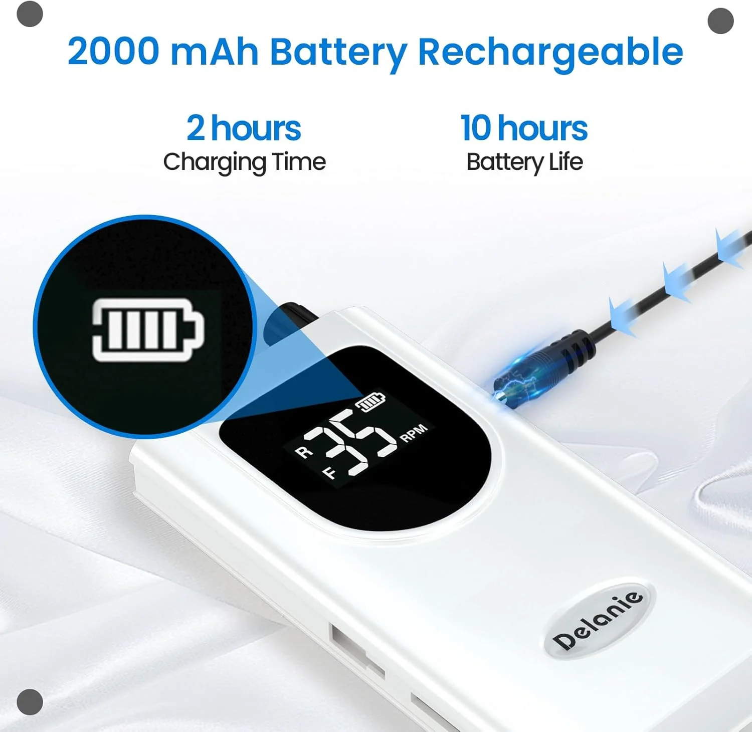 دستگاه سوهان برقی ناخن حرفه ای قابل حمل Delanie، 35000 دور در دقیقه، شارژی و بی سیم، مناسب برای پودر دیپ، ناخن های ژلی آکریلیک، ابزار ناخن سالنی، سفید