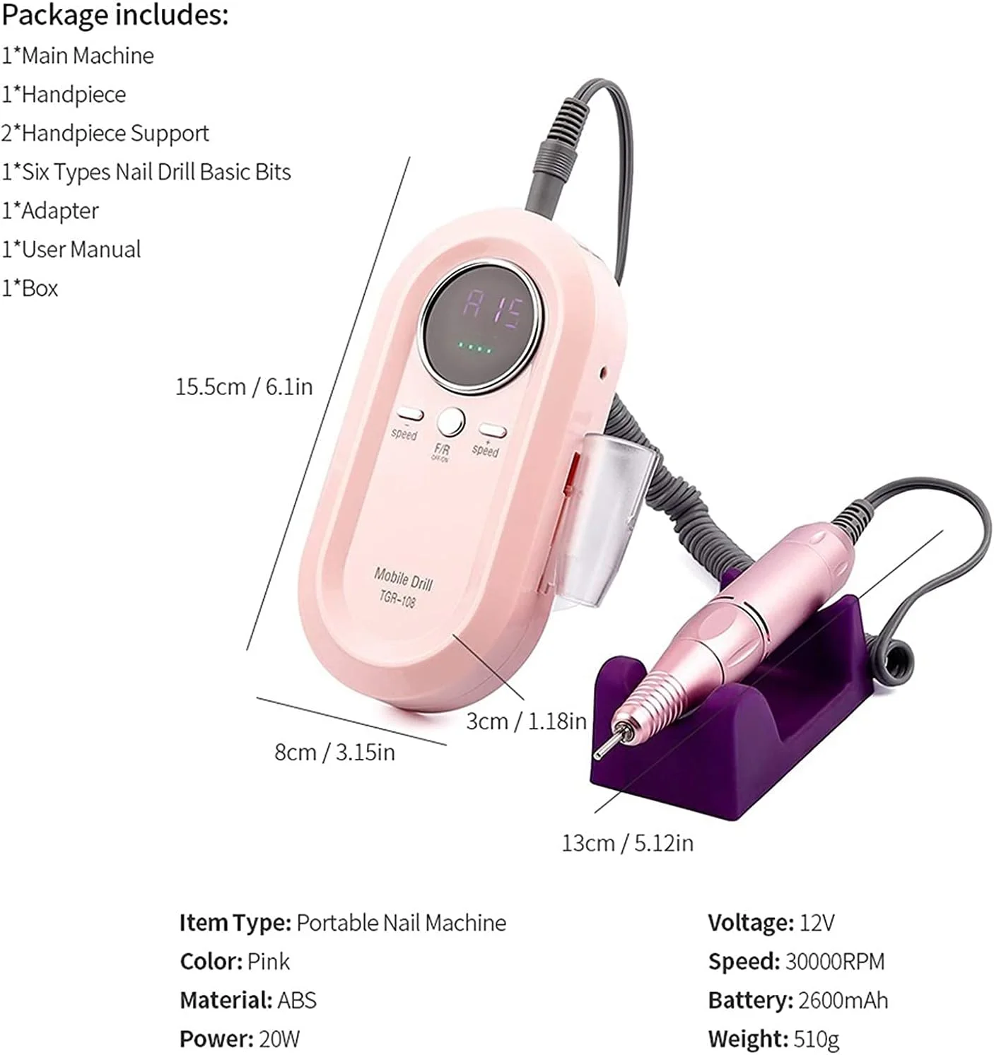 دستگاه سوهان برقی ناخن با 6 سری، 30000 دور در دقیقه، شارژی، بدون سیم، حرفه ای، موتور براشلس قدرتمند مناسب ناخن های اکریلیک، کم صدا (رنگ: سفید)