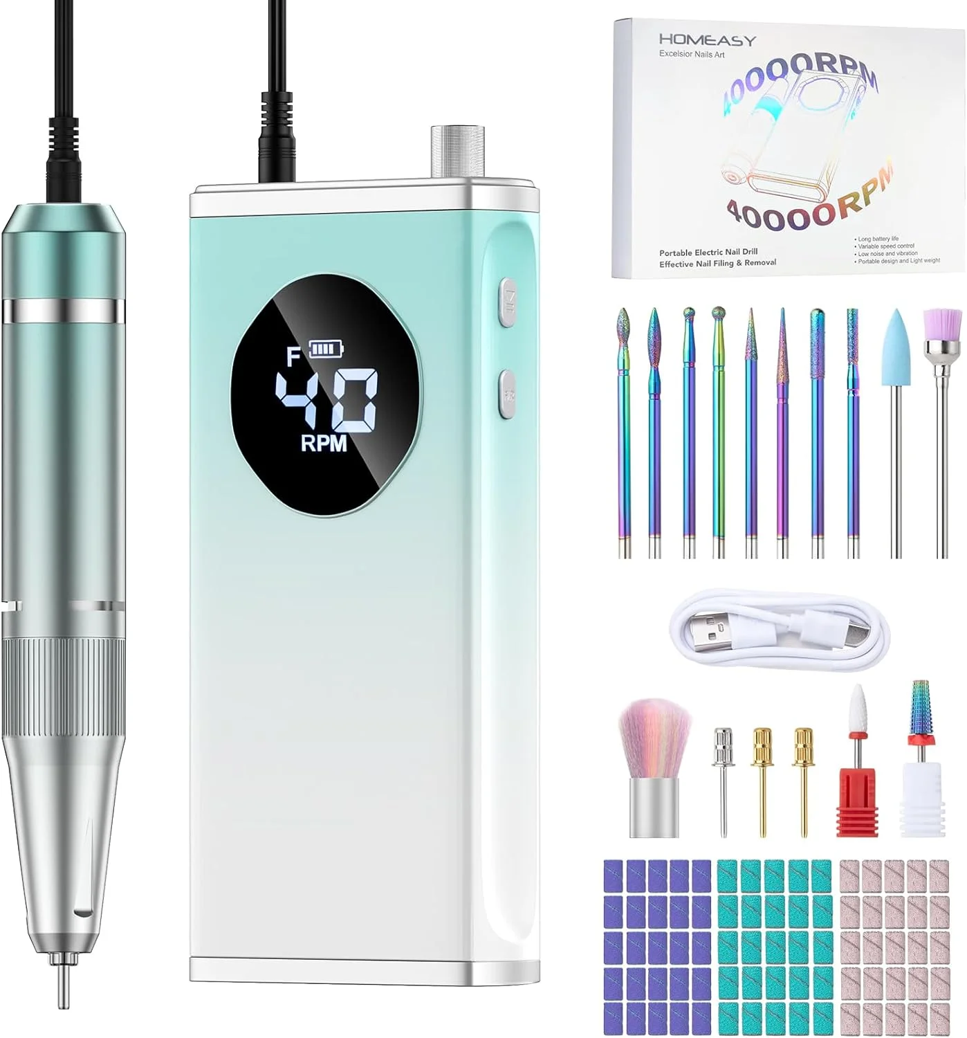 دستگاه سوهان برقی ناخن، کیت حرفه ای سوهان ناخن 40000 دور در دقیقه با 15 سری سوهان، دستگاه سوهان ناخن بی سیم قابل حمل برای از بین بردن لاک ژل و پولیش ناخن های اکریلیک، مناسب برای مانیکور سالن و منزل (آبی)