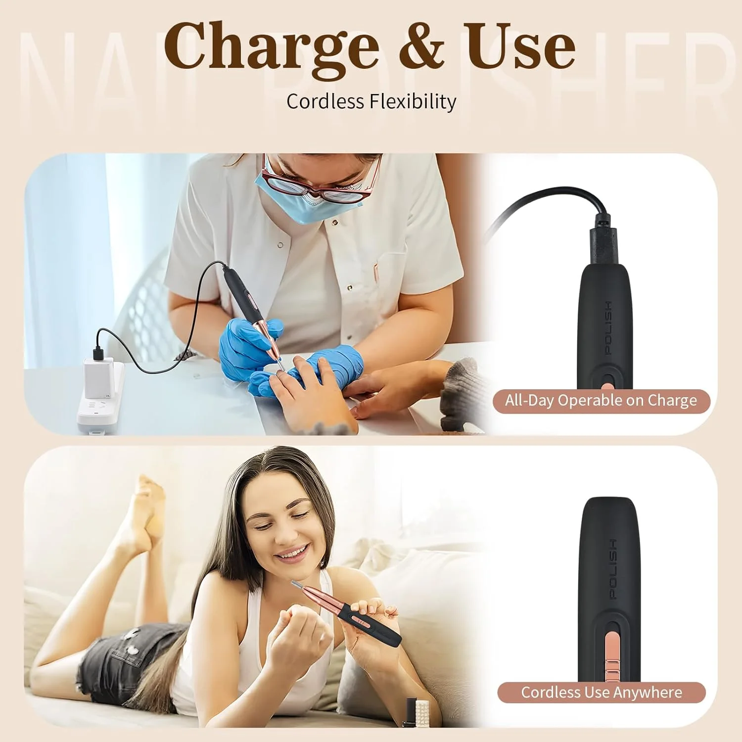 سوهان برقی ناخن ELEHOME، سوهان ناخن بی سیم برای ناخن های پودری آکریلیک ژل دیپ، ماشین سوهان برقی قابل شارژ برای مانیکور پدیکور پولیش و شکل دادن، مشکی