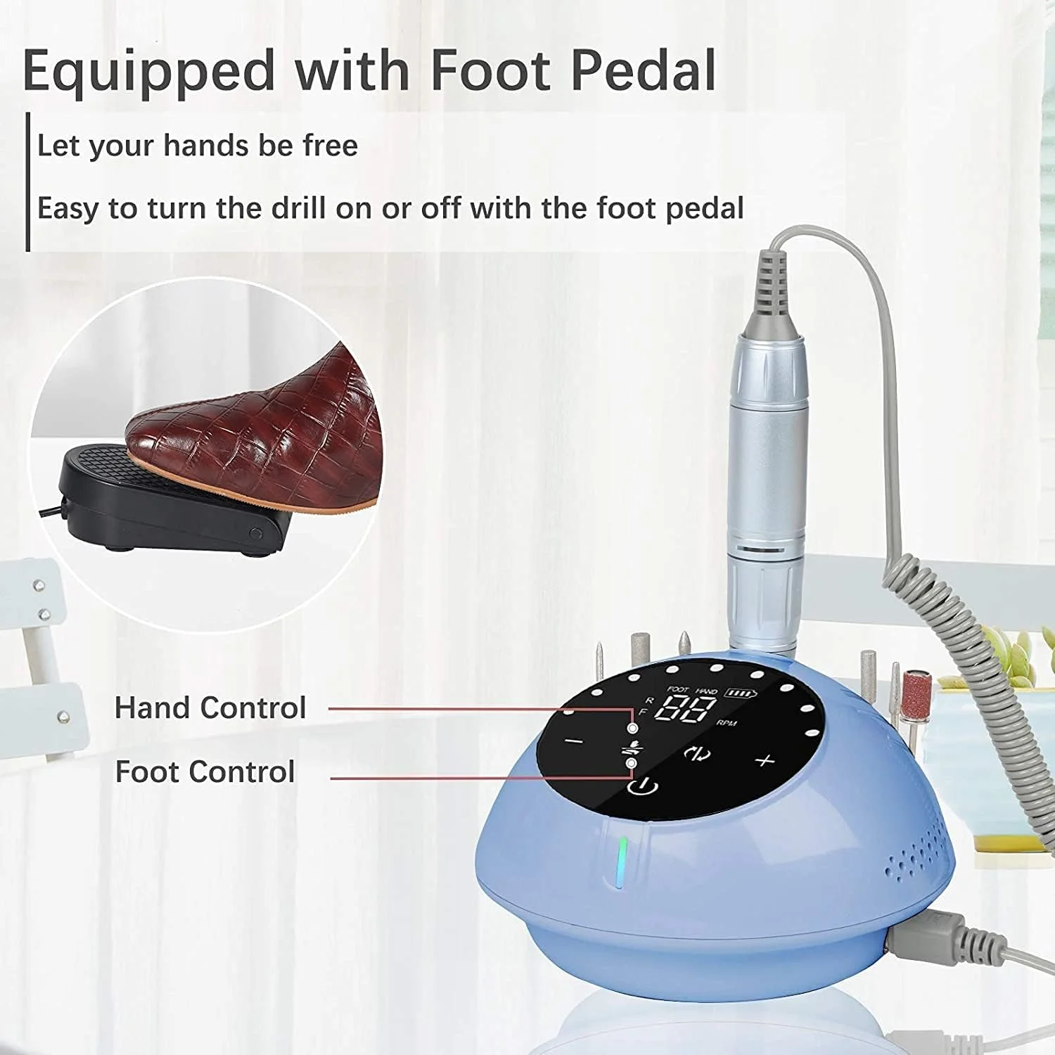 دستگاه سوهان برقی ناخن با پدال پا و صفحه نمایش لمسی LCD، ست سوهان ناخن 30000 دور در دقیقه، دستگاه سوهان برقی جمع و جور برای استفاده در سالن خانگی (رنگ: آبی)