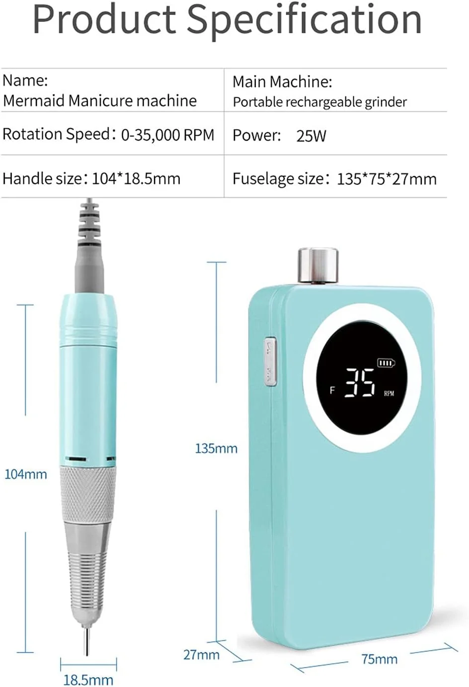 دستگاه سوهان برقی ناخن - ست سوهان شارژی بی سیم برای مانیکور پدیکور، 35000 دور در دقیقه