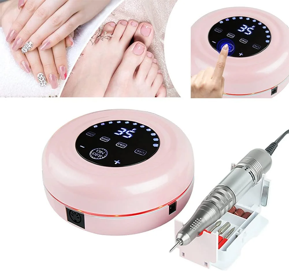 ست دستگاه سوهان برقی ناخن، قلم مانیکور، پولیشر سنباده ای با 4 عدد سری قابل تعویض و نوارهای سنباده برای لایه برداری، ساییدن، پولیش، از بین بردن ناخن، ابزار ناخن اکریلیک، صورتی