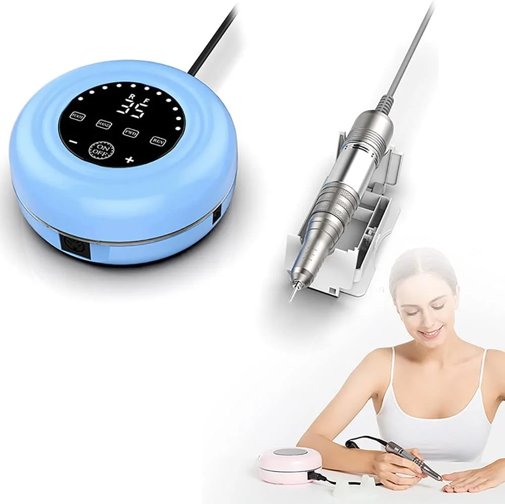 ست دستگاه سوهان برقی ناخن، قلم پولیش مانیکور با 4 سری قابل تعویض و نوارهای سمباده برای لایه برداری، ساییدن، پولیش، برداشتن ناخن، ابزار ناخن اکریلیک، آبی