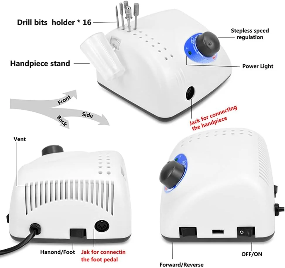 دستگاه مانیکور برقی ناخن، دستگاه دریل ناخن حرفه ای 35000 دور در دقیقه، مناسب برای ناخن های ژلی، مانیکور، پدیکور و پولیش، مدل 204+102L-2.35mm به همراه پدال پایی برای استفاده در منزل و سالن (45000 دور در دقیقه)