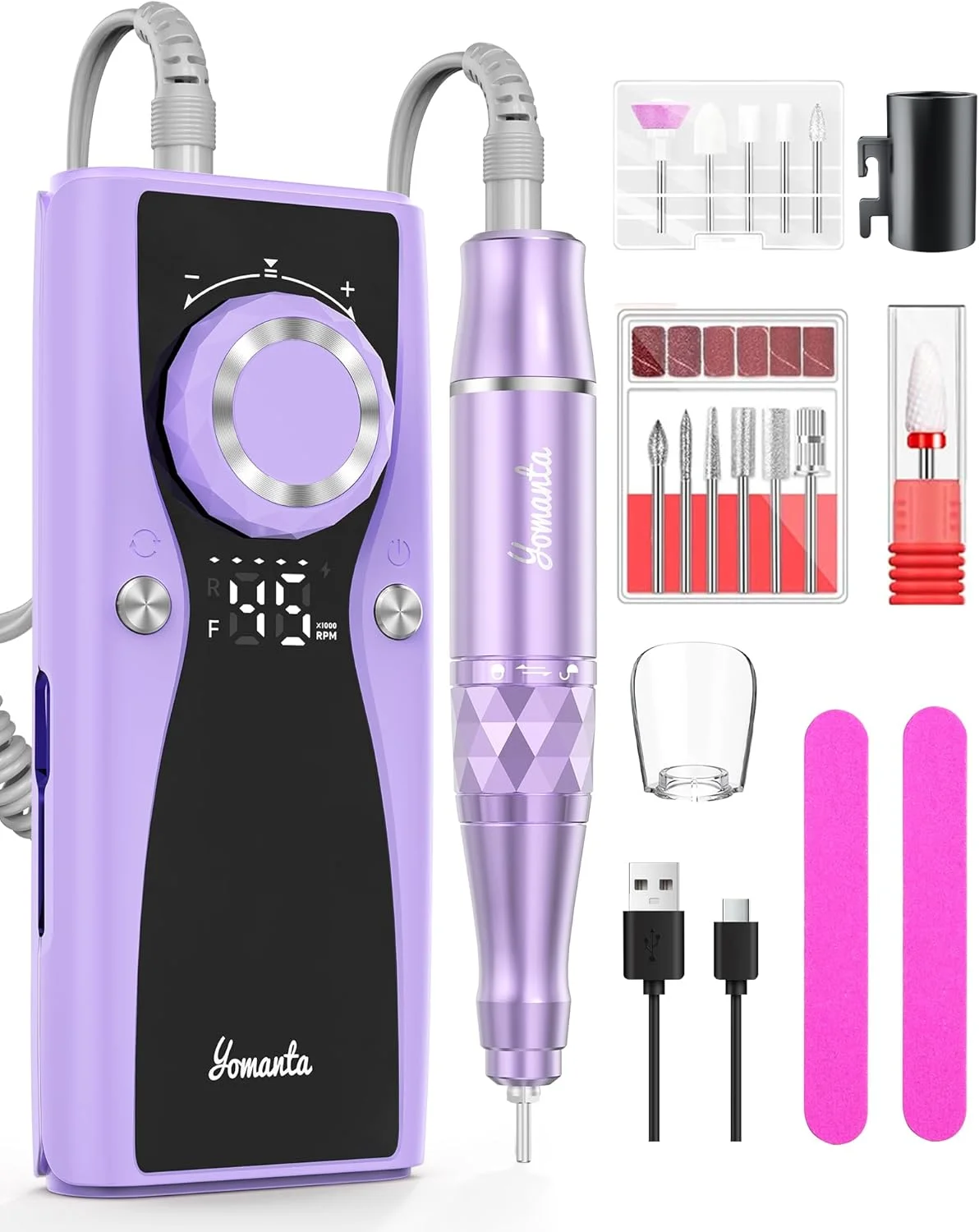 ست حرفه ای سوهان برقی ناخن: ۳۵۰۰۰ دور در دقیقه، سوهان برقی ناخن قابل شارژ USB با ۱۲ سر سوهان برای پولیش ناخن های ژلی/اکریلیک - ست ابزار مانیکور قابل حمل برای سالن/خانه - بنفش روشن