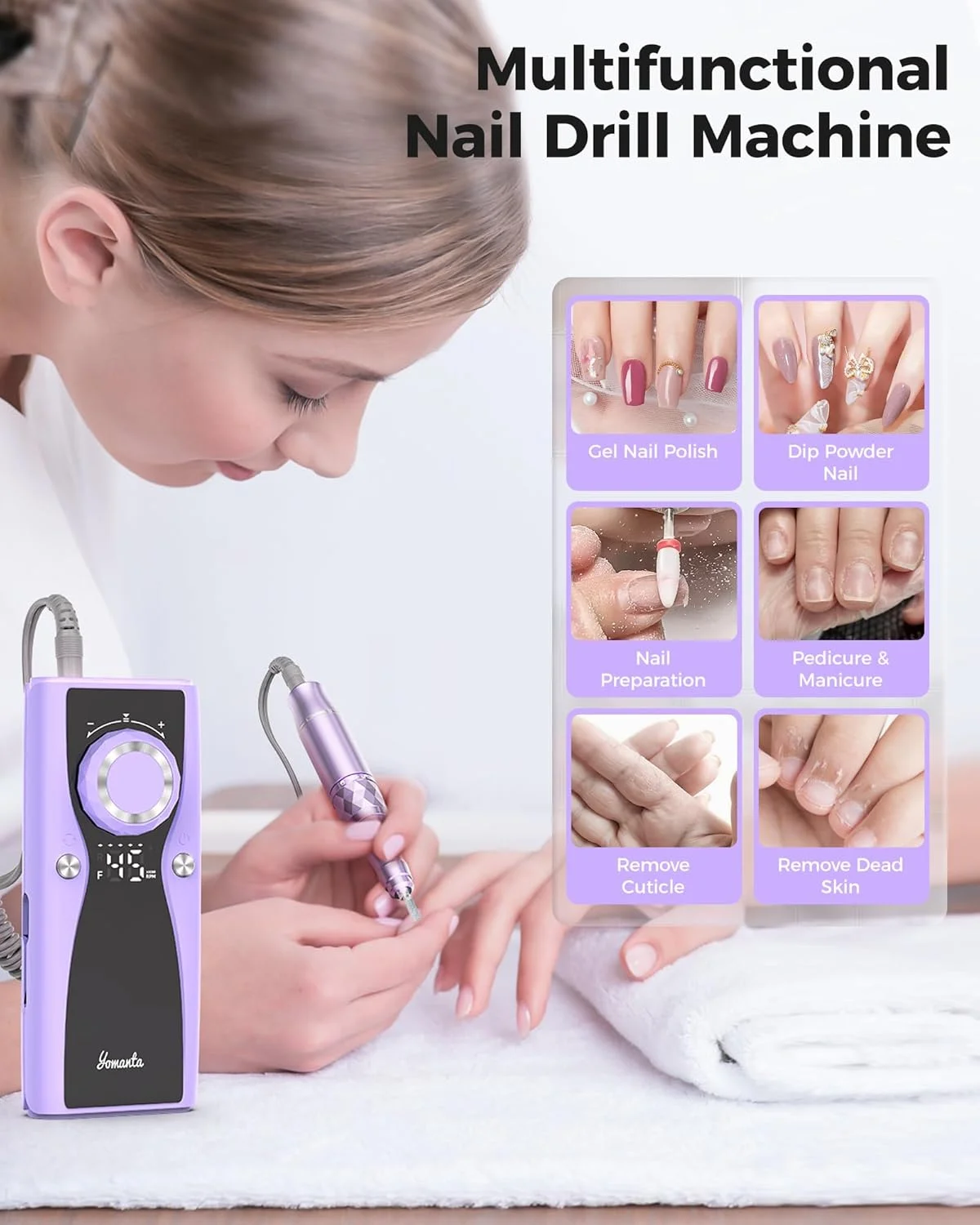ست حرفه ای سوهان برقی ناخن: ۳۵۰۰۰ دور در دقیقه، سوهان برقی ناخن قابل شارژ USB با ۱۲ سر سوهان برای پولیش ناخن های ژلی/اکریلیک - ست ابزار مانیکور قابل حمل برای سالن/خانه - بنفش روشن