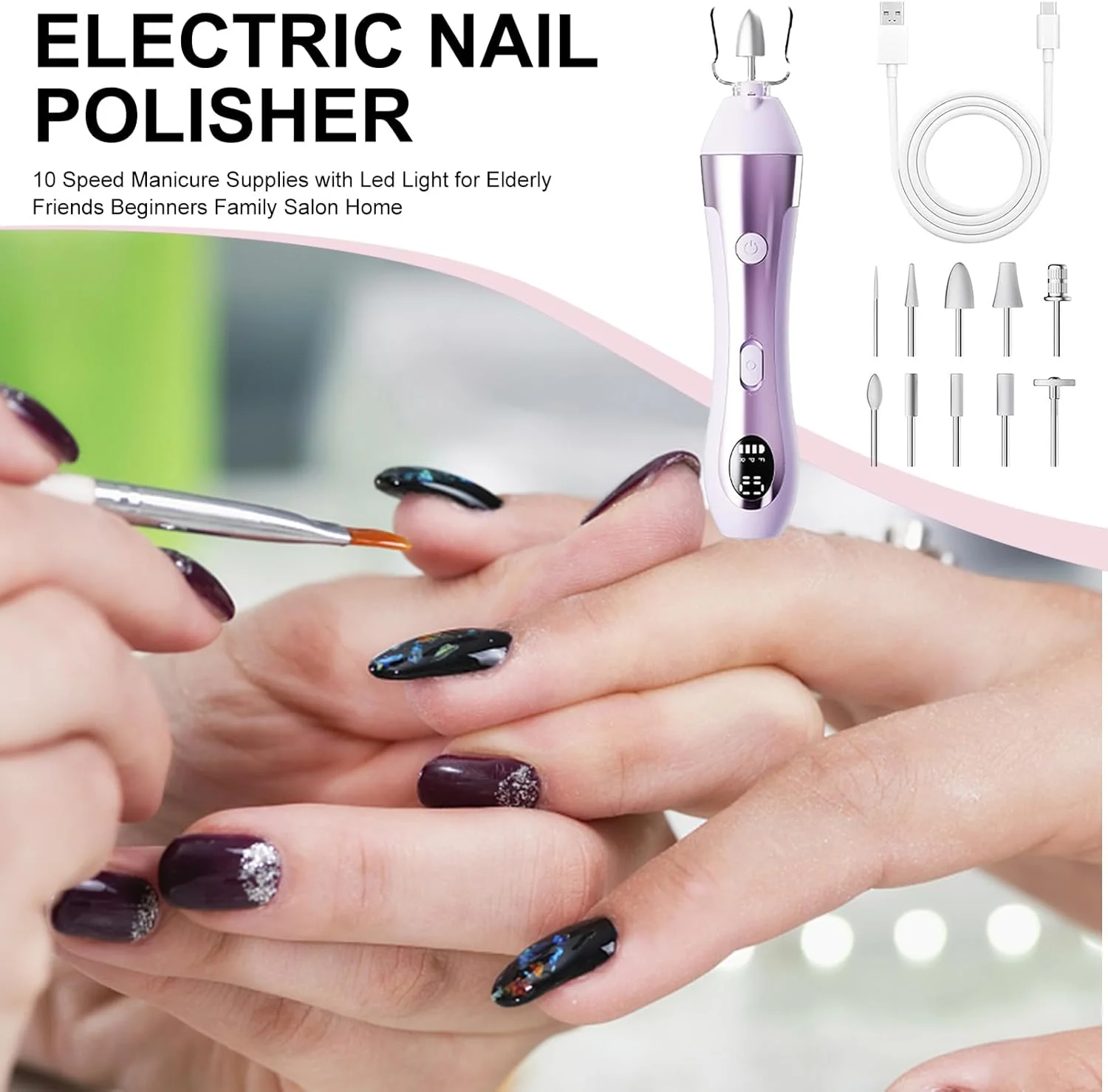 سوهان برقی ناخن - سوهان برقی مانیکور برای ناخن، لوازم مانیکور قابل شارژ با کیفیت سالن برای مبتدیان خانگی و متخصصان هنر ناخن