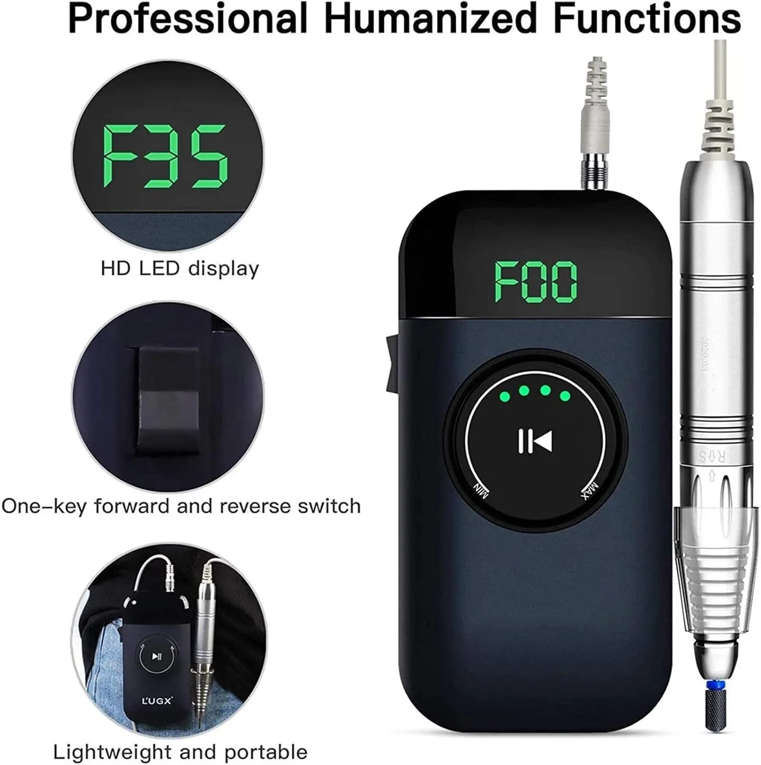 دستگاه سوهان برقی ناخن قابل حمل و شارژی 35000 دور در دقیقه، ست حرفه ای مانیکور و پدیکور برقی برای ناخن های اکریلیک و ژل، موتور بدون برس