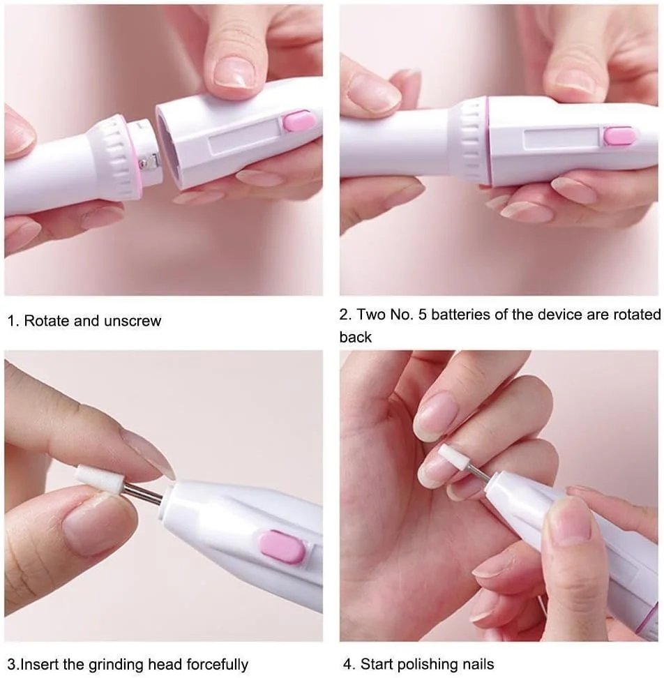دستگاه سوهان برقی ناخن، دستگاه قابل حمل برقی سوهان ناخن، ابزار مانیکور با 6 عدد سری سوهان و نوارهای سمباده (صورتی)