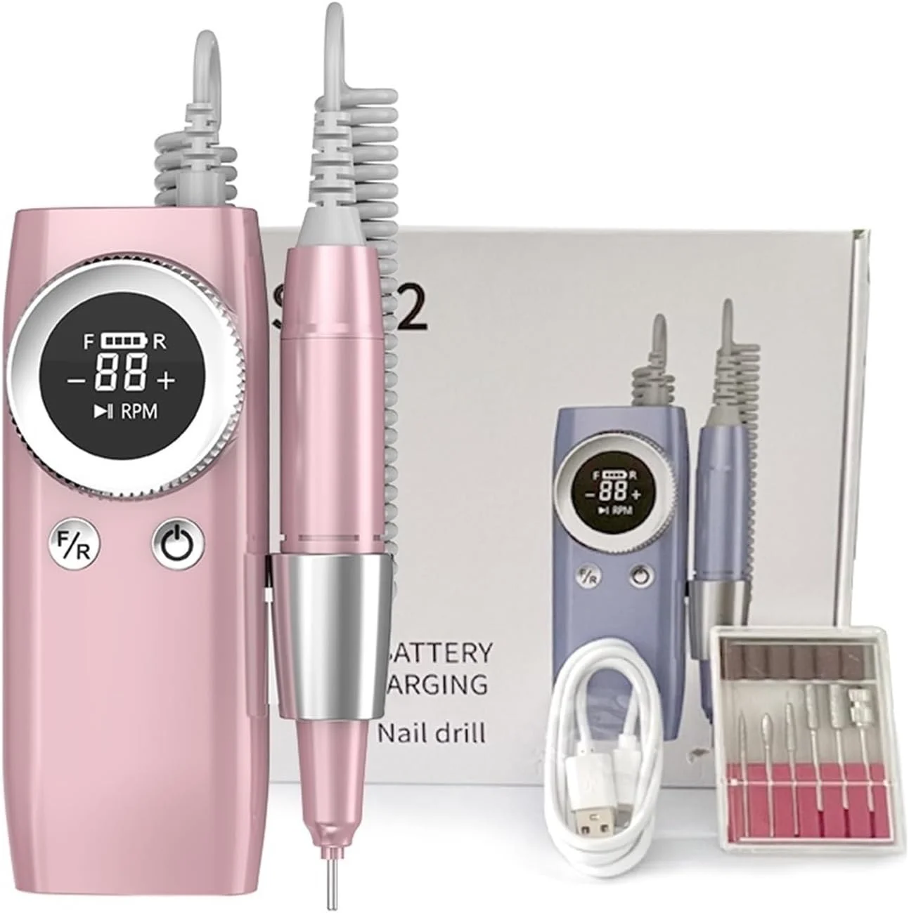 دستگاه سوهان برقی ناخن حرفه ای 45000 دور در دقیقه با صفحه نمایش LCD، سمباده ناخن شارژی، دستگاه تراش ناخن برقی بی سیم برای ژل و اکریلیک (رنگ: صورتی)