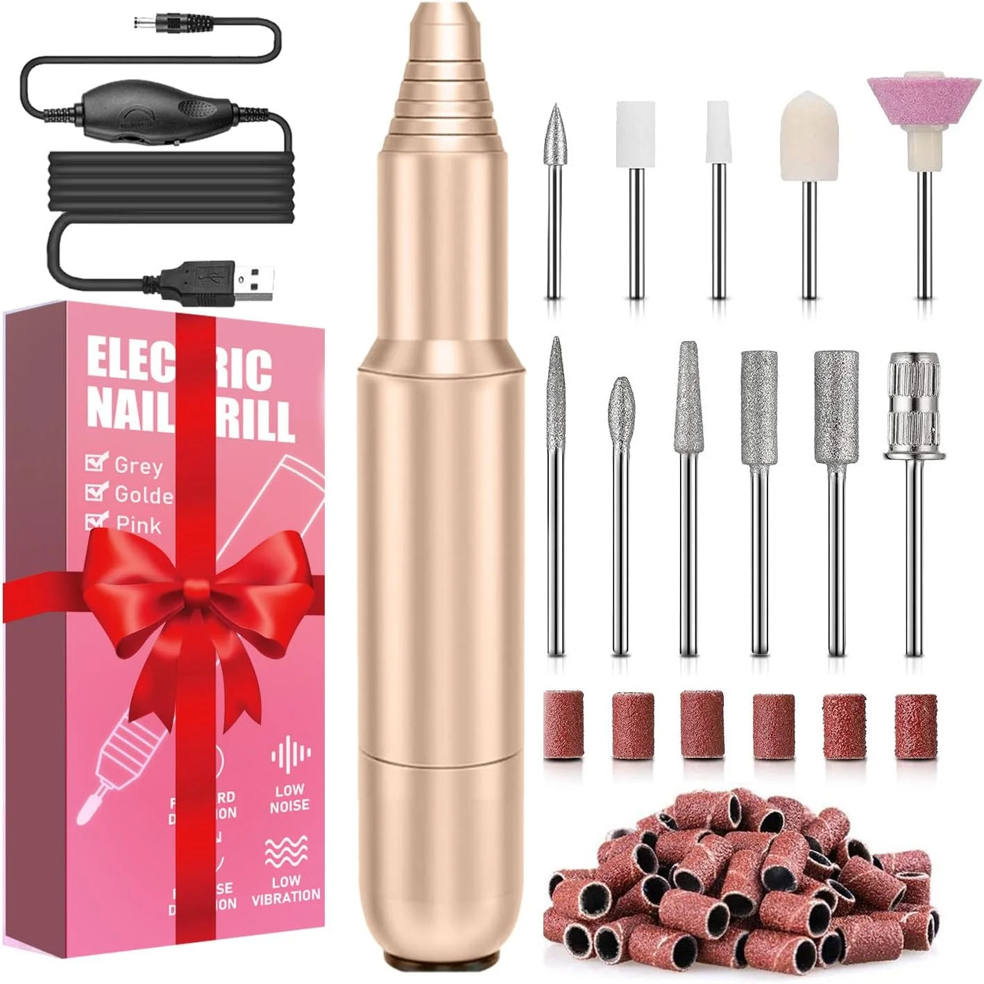 فولای سوهان ناخن برقی، ست مانیکور پدیکور، سوهان برقی ناخن، سوهان ناخن حرفه ای برای ناخن های ژلی، ناخن های ژل آکریلیک، از بین بردن پینه، ناخن های شلاک کوتیکول، هدیه برای خانم ها، مادر (طلایی)