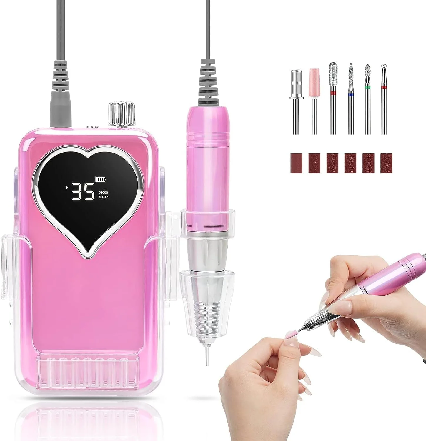 دستگاه سوهان برقی ناخن FTOYIN، حرفه ای، شارژی، 35000 دور در دقیقه، سوهان برقی بی سیم برای ناخن های اکریلیک، ای فایل قابل حمل با باتری برای مانیکور پدیکور، شکل دادن، حکاکی، پولیش (صورتی)