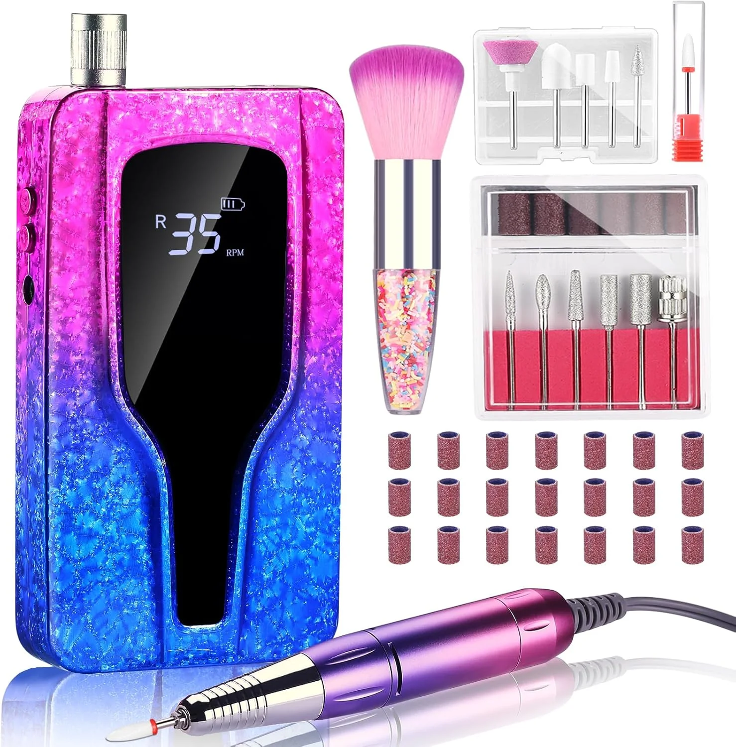 دستگاه سوهان برقی ناخن، 35000 دور در دقیقه به همراه 12 سری سوهان، دستگاه حرفه ای برای ناخن های ژلیش و اکریلیک، ست مانیکور و پدیکور بی سیم