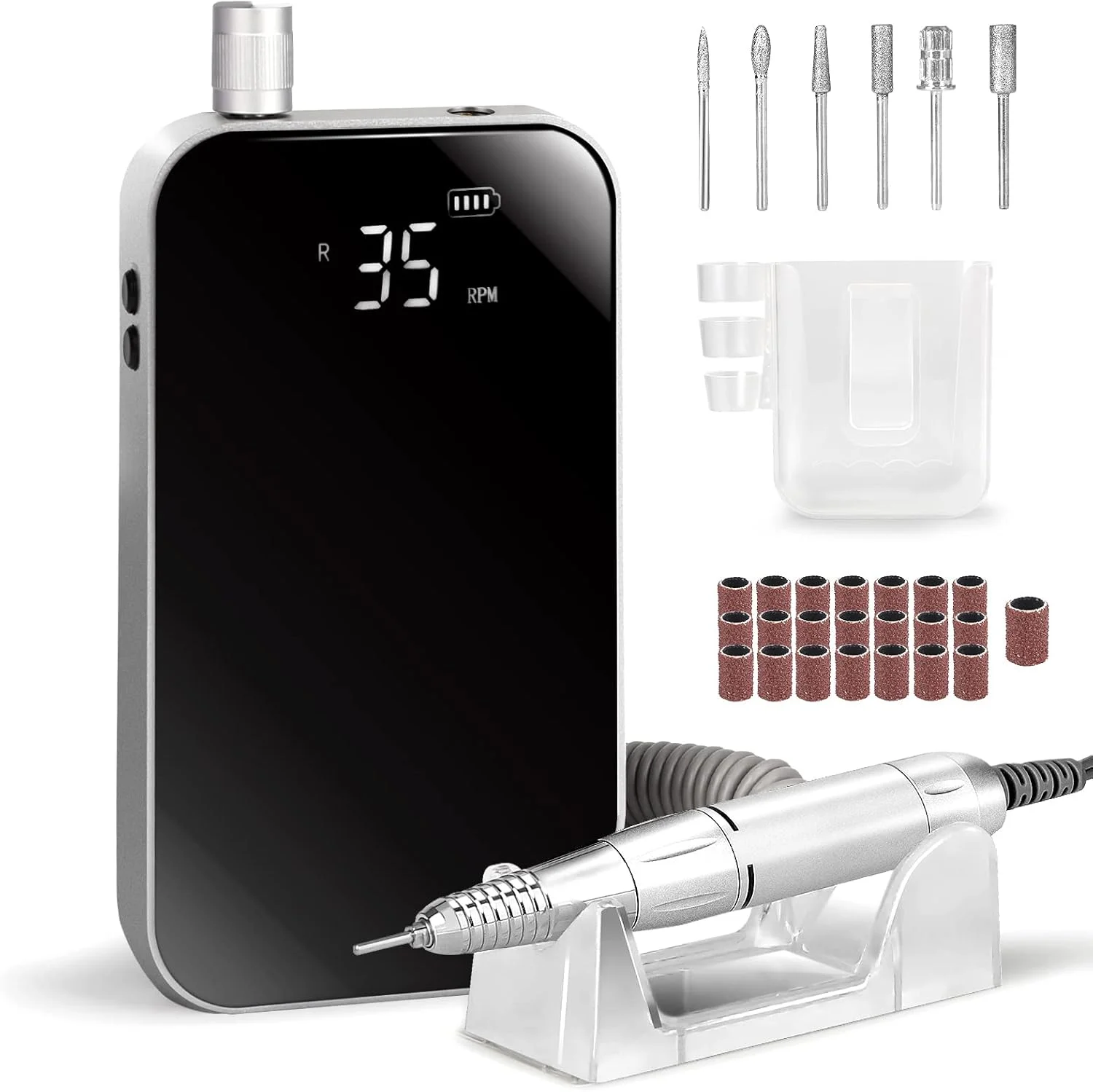 سوهان برقی ناخن شارژی 35000 دور در دقیقه، دستگاه مانیکور قابل حمل، سوهان ناخن قابل شارژ با 6 سری و 50 عدد نوار سنباده برای استفاده در سالن، منزل، مشکی