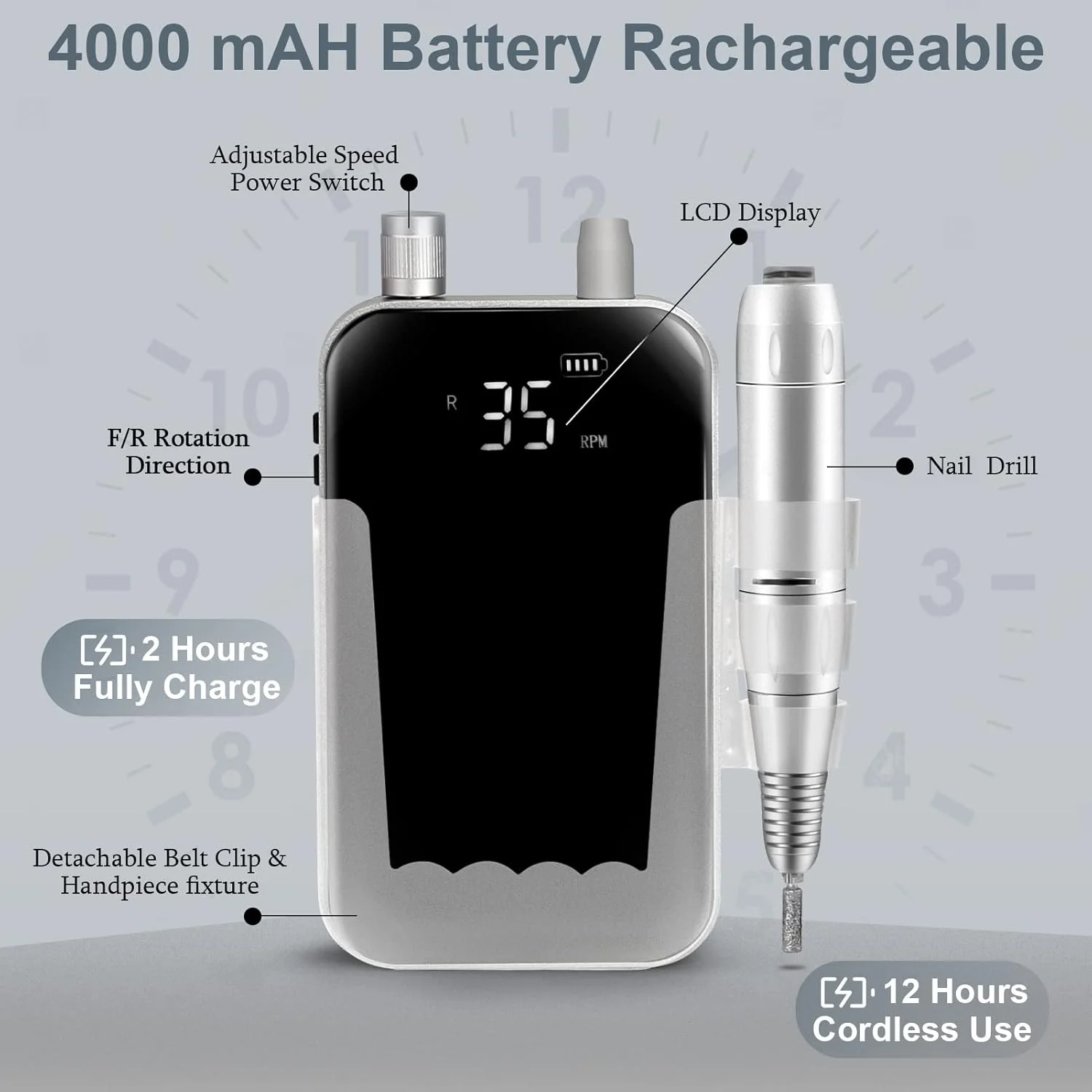 سوهان برقی ناخن شارژی 35000 دور در دقیقه، دستگاه مانیکور قابل حمل، سوهان ناخن قابل شارژ با 6 سری و 50 عدد نوار سنباده برای استفاده در سالن، منزل، مشکی