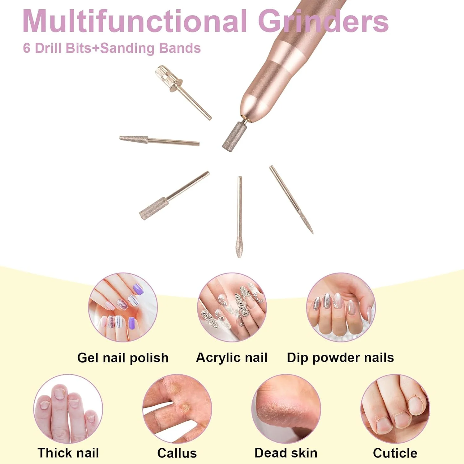 ست سوهان برقی ناخن Marvelity، دستگاه سوهان ناخن حرفه ای USB برای کیت ناخن اکریلیک، ابزار کامل مانیکور و پدیکور با سری سوهان ناخن و نوارهای سنباده، طلایی صورتی