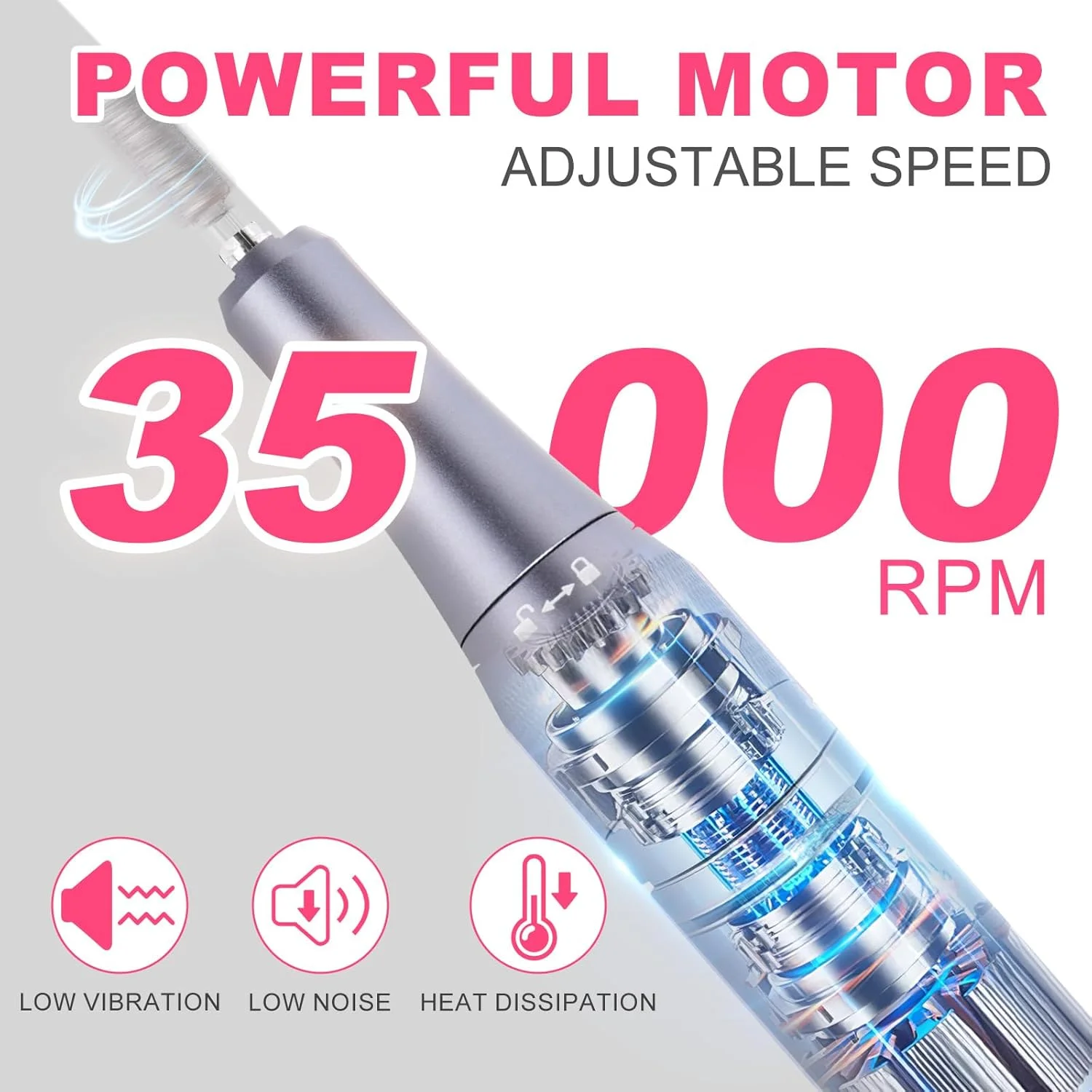 دستگاه سوهان برقی حرفه ای MEKK، 35000 دور در دقیقه، بی سیم، به همراه 12 عدد سری، ضد لرزش، قابل شارژ، مناسب برای ناخن های اکریلیک، استفاده در منزل و سالن (نقره ای)