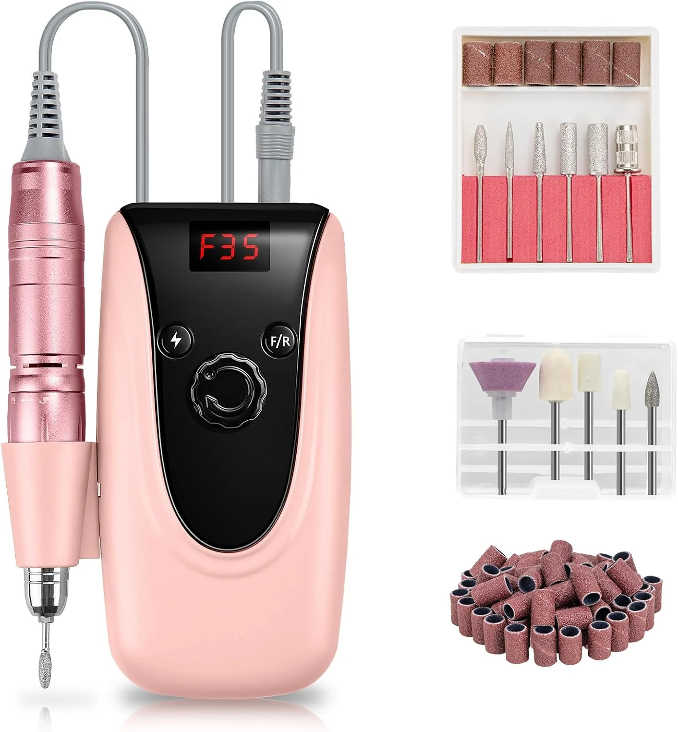 دستگاه سوهان ناخن مادنیا، حرفه ای، با باتری، 35000 دور در دقیقه، ست مانیکور و پدیکور برقی برای ناخن های ژلیش و اکریلیک با نمایشگر دیجیتال، 11 عدد سری سوهان ناخن، رزگلد