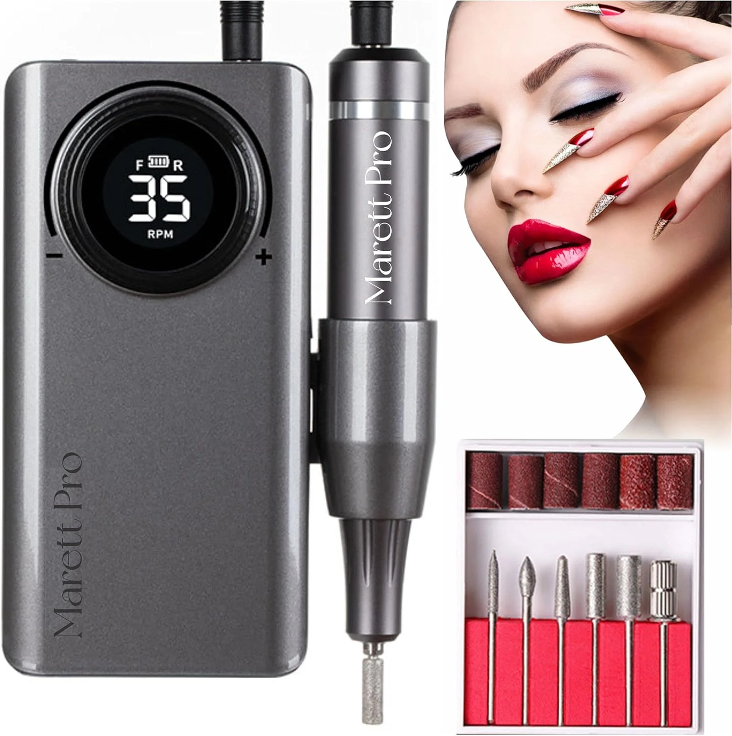 دستگاه سوهان برقی ناخن شارژی حرفه ای 35000 دور در دقیقه، ابزار برقی قابل حمل با عمر طولانی باتری برای کاشت ناخن اکریلیک، ژل پولی، سرعت بالا، مانیکور/پدیکور. (خاکستری)