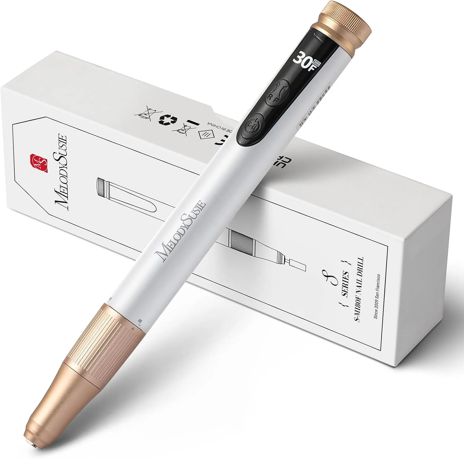 دستگاه سوهان برقی ناخن MelodySusie، کیت قابل حمل، شارژی و بی سیم به همراه سری ها و نوارهای سمباده برای ناخن های اکریلیک و ژل، سرعت 30000 دور در دقیقه، مناسب برای مانیکور، پدیکور و پولیش، سفید مدل SM180F