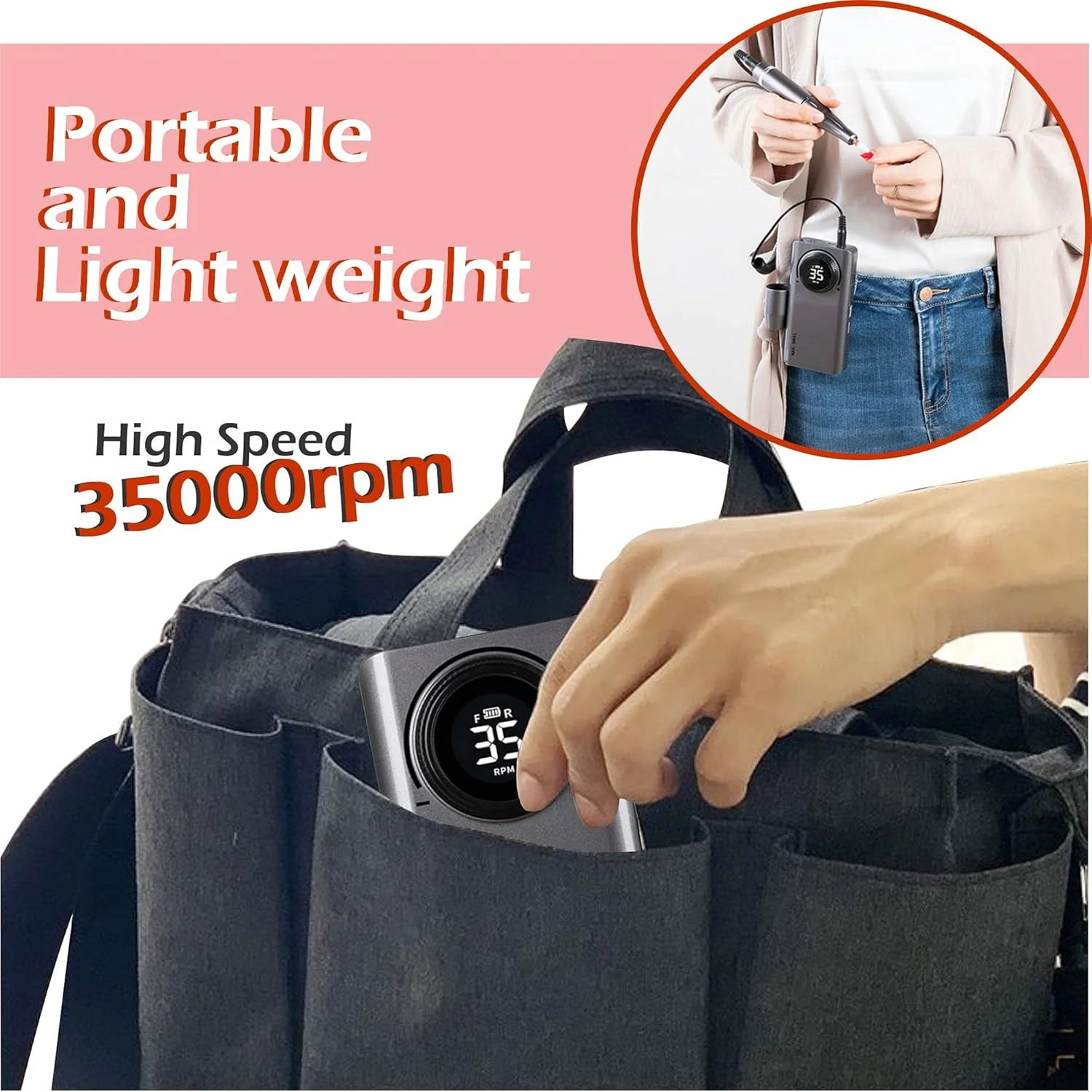 دستگاه سوهان برقی ناخن شارژی حرفه ای 35000 دور در دقیقه، ابزار برقی قابل حمل با عمر طولانی باتری برای کاشت ناخن اکریلیک، ژل پولی، سرعت بالا، مانیکور/پدیکور. (خاکستری)