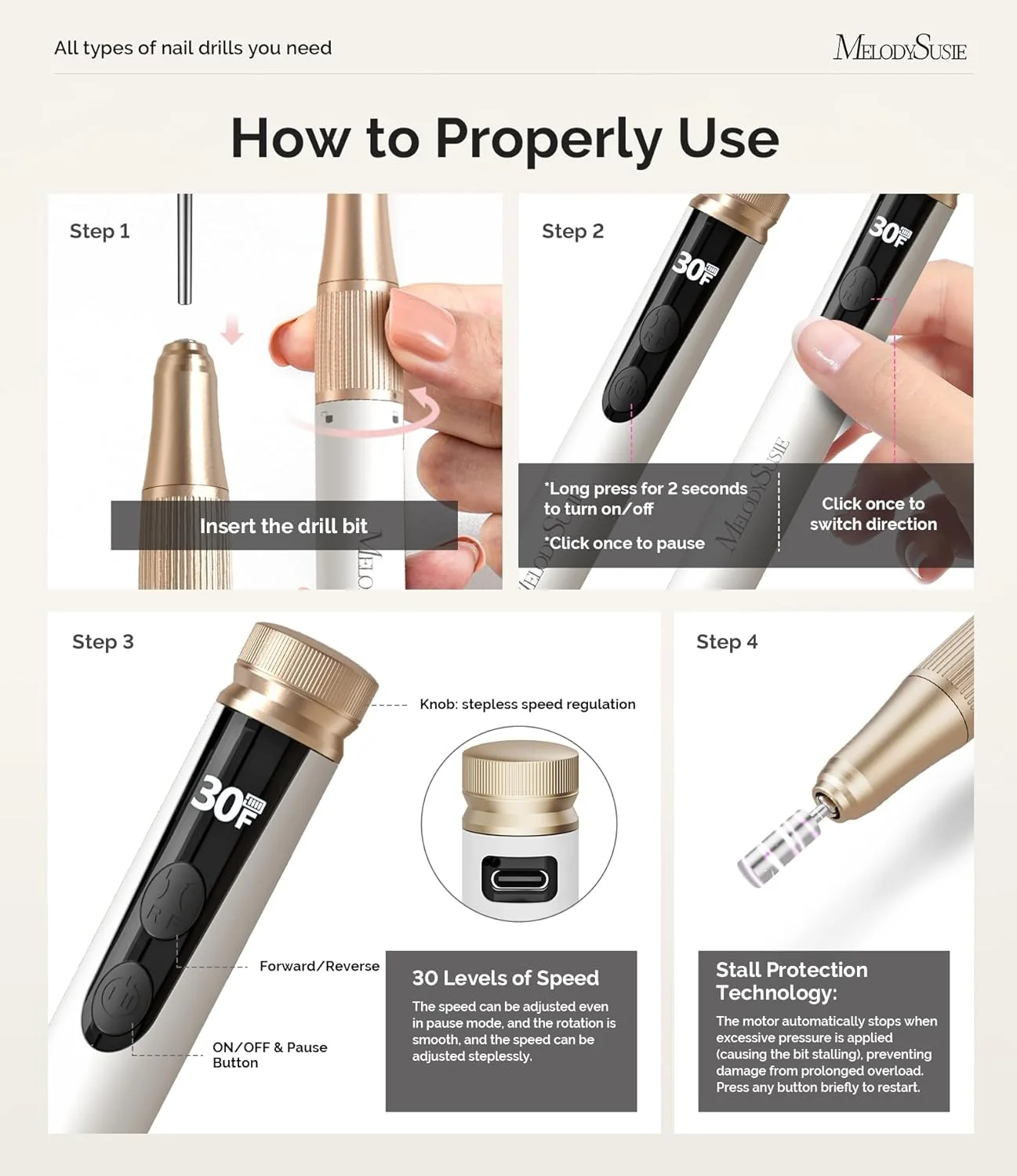 دستگاه سوهان برقی ناخن MelodySusie، کیت قابل حمل، شارژی و بی سیم به همراه سری ها و نوارهای سمباده برای ناخن های اکریلیک و ژل، سرعت 30000 دور در دقیقه، مناسب برای مانیکور، پدیکور و پولیش، سفید مدل SM180F