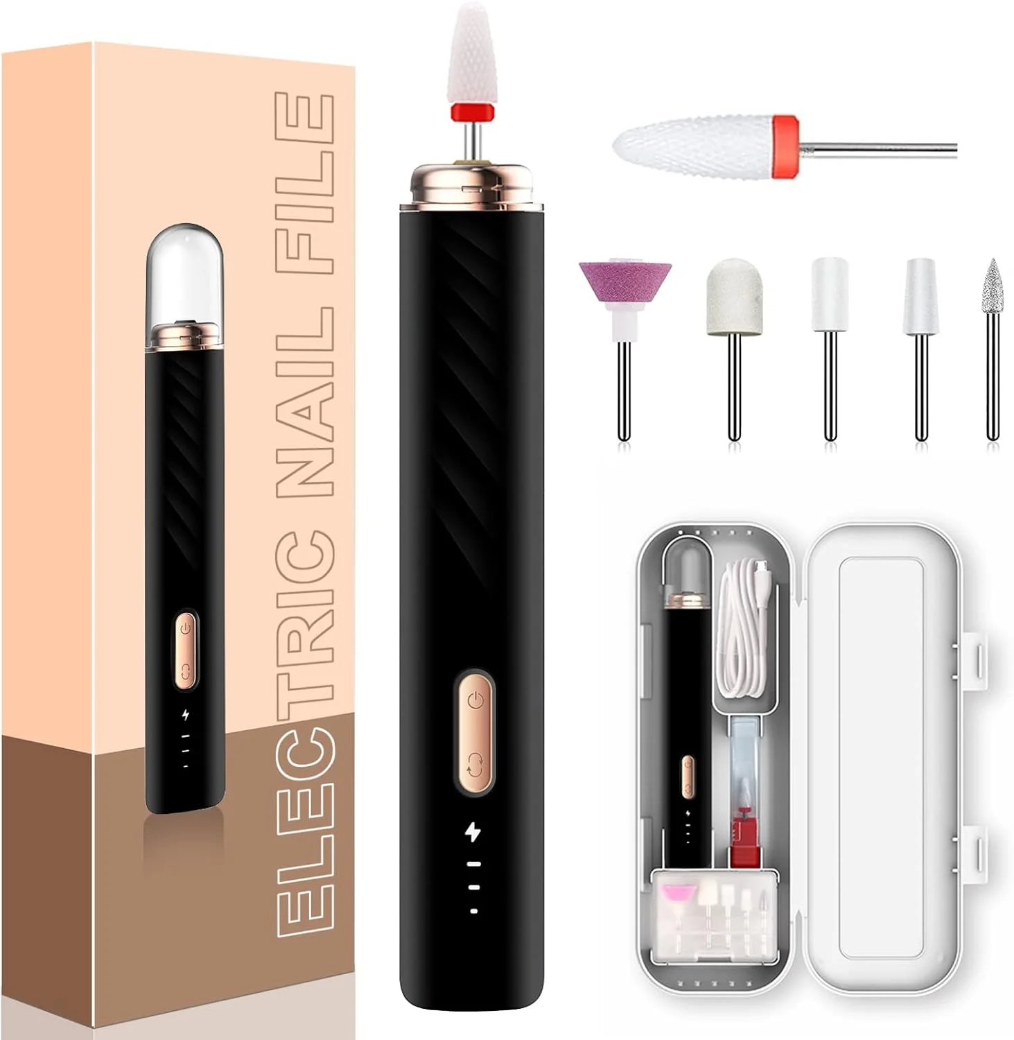 دستگاه سوهان برقی ناخن حرفه ای قابل شارژ با سرامیک، مناسب برای مبتدیان، ست دستگاه سوهان برقی برای پولیش ناخن، ابزار مانیکور و پدیکور (مشکی)