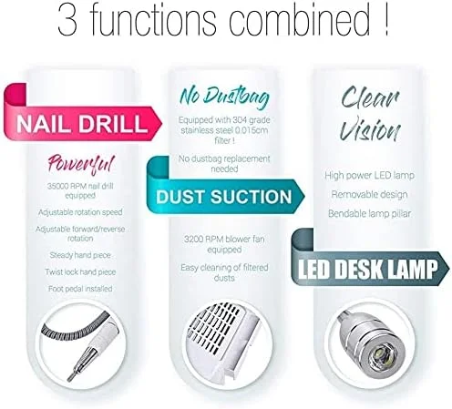 دستگاه سوهان ناخن 3 در 1، دستگاه برقی چند منظوره 65 واتی ناخن، جمع کننده گرد و غبار ناخن و چراغ، کیت ابزار مانیکور تجهیزات تخصصی هنر ناخن برای ناخن های ژلی آکریلیک دستگاه سوهان ناخن 3 در 1، دستگاه برقی چند منظوره 65 واتی ناخن، جمع کننده گرد و غبار ناخن و چراغ، کیت ابزار مانیکور تجهیزات تخصصی هنر ناخن برای ناخن های ژلی آکریلیک