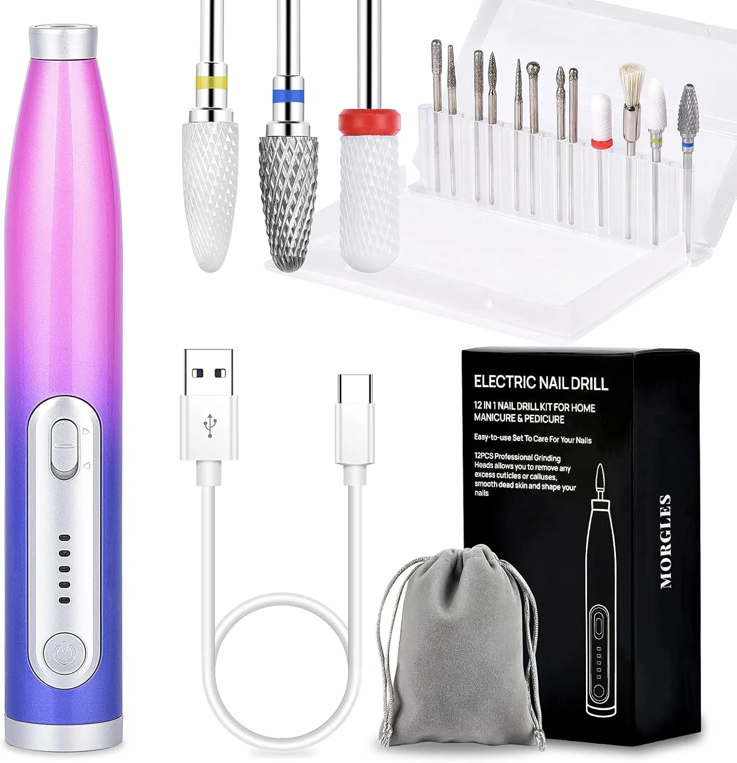 دستگاه سوهان برقی ناخن بی سیم مورگلس، سوهان برقی ناخن اکریلیک، کیت سوهان برقی قابل حمل با 12 عدد سری سوهان برای استفاده در سالن و منزل دستگاه سوهان برقی ناخن بی سیم مورگلس، سوهان برقی ناخن اکریلیک، کیت سوهان برقی قابل حمل با 12 عدد سری سوهان برای استفاده در سالن و منزل