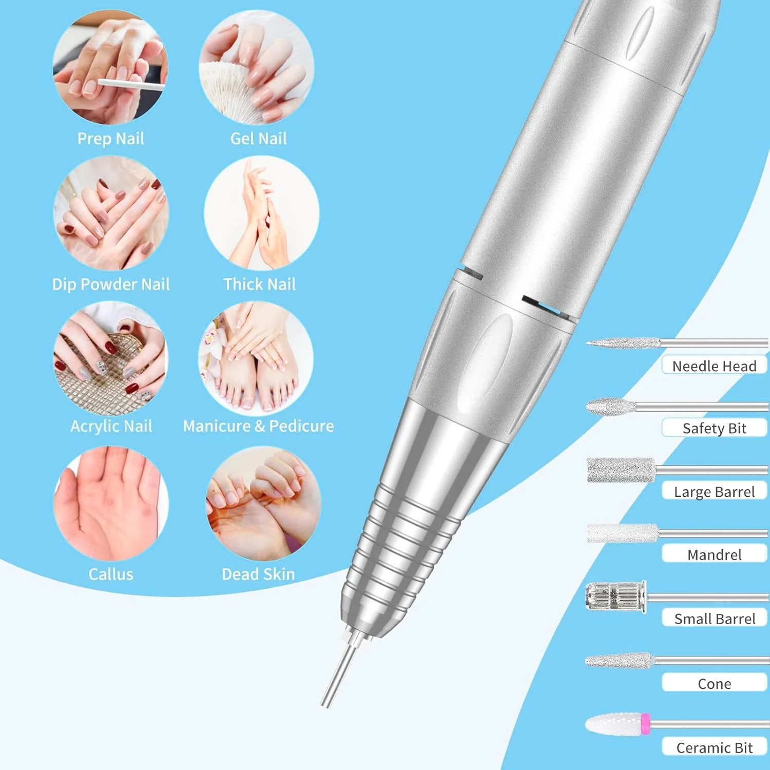 دستگاه سوهان برقی ناخن قابل حمل حرفه ای 35000 دور در دقیقه، دستگاه سوهان برقی شارژی برای ناخن های اکریلیک، آبی