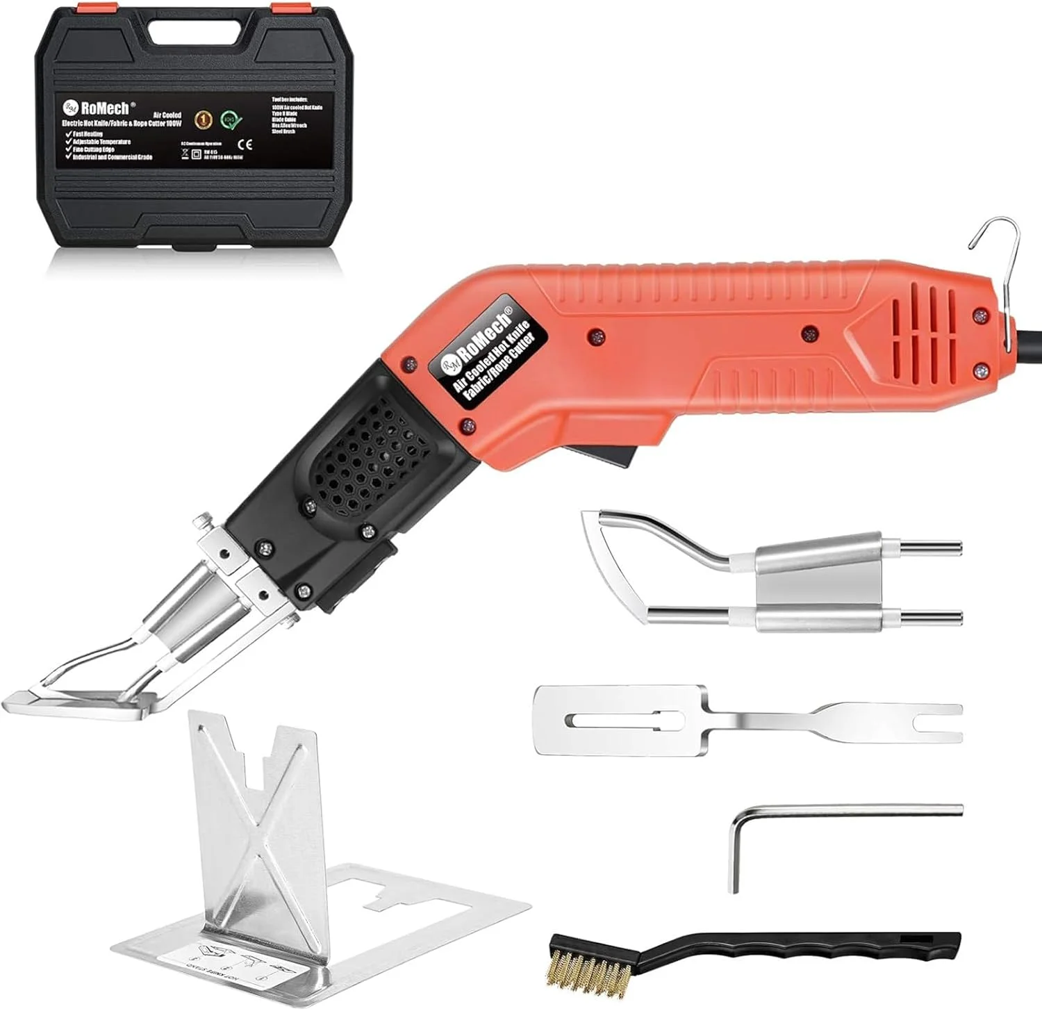 برش دهنده پارچه و طناب خنک شونده با هوا 100 وات ROMECH، چاقوی داغ برقی حرفه ای با توان قابل تنظیم، کیت ابزار برش با تیغه ها و لوازم جانبی (100 وات خنک شونده با هوا، RM-015) برش دهنده پارچه و طناب خنک شونده با هوا 100 وات ROMECH، چاقوی داغ برقی حرفه ای با توان قابل تنظیم، کیت ابزار برش با تیغه ها و لوازم جانبی (100 وات خنک شونده با هوا، RM-015)