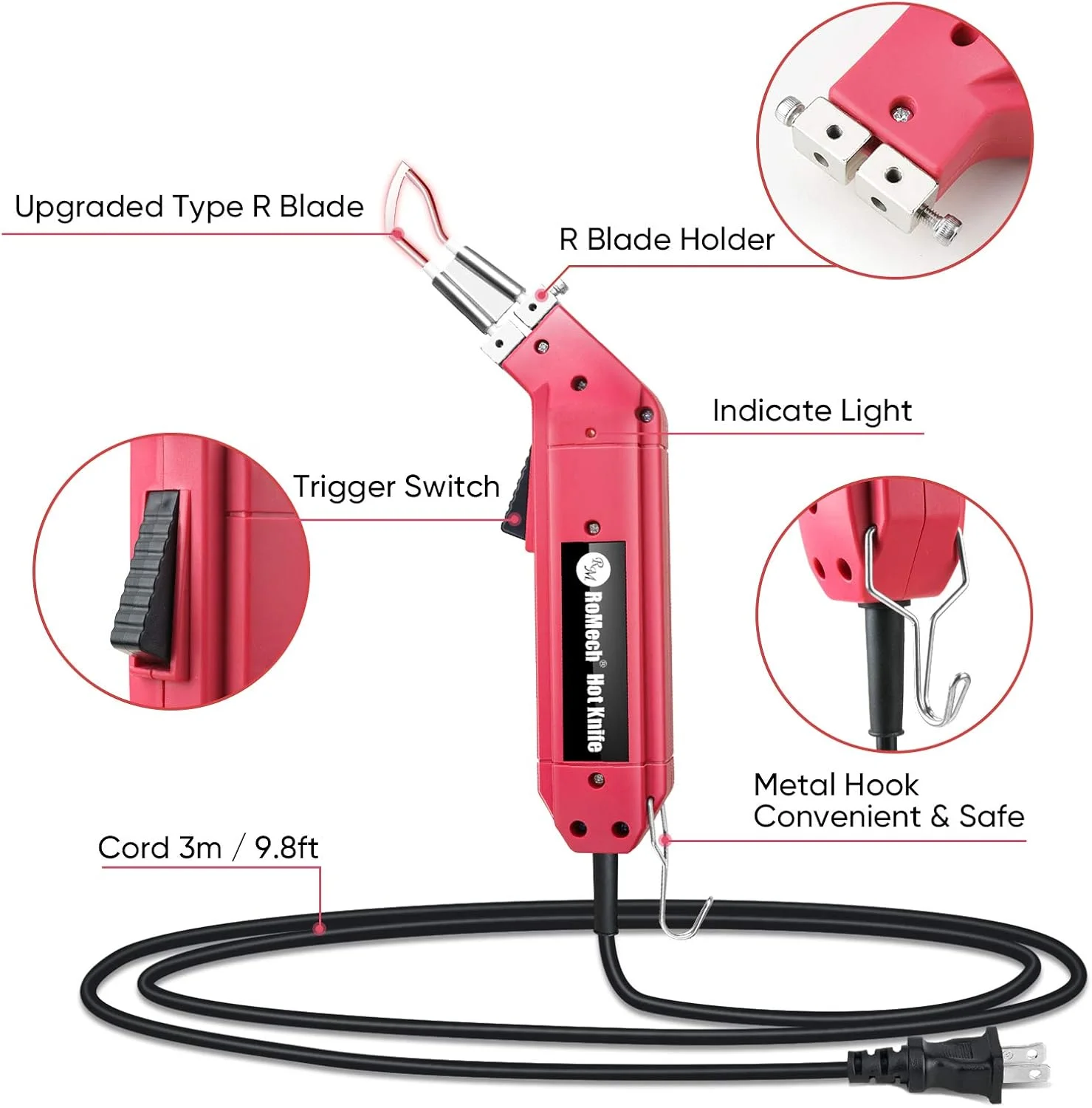 برش دهنده پارچه و طناب ROMECH 60W، چاقوی داغ برقی حرفه ای با توان قابل تنظیم، کیت ابزار برش با تیغه ها و لوازم جانبی (60W، RM-017)