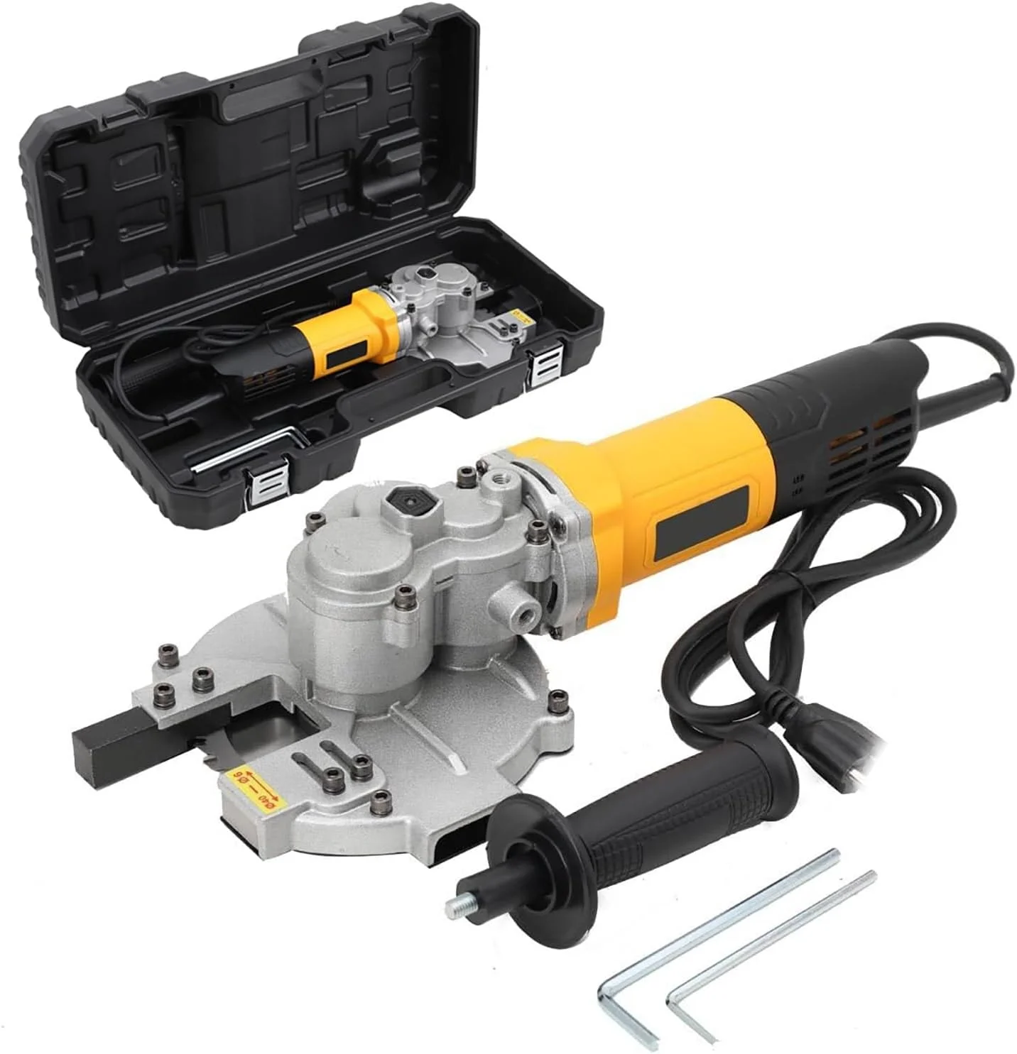 دستگاه برش میلگرد هیدرولیک برقی، اره برش سرد میلگرد فولادی دستی 1280 وات با جعبه ابزار، برش میلگرد تا 4-40 میلی متر، خم کن میلگرد قابل حمل برای صنعت ساخت و ساز بتن (زرد)