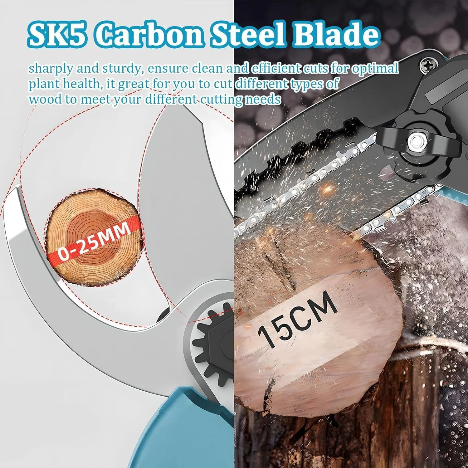 ست ابزار باغبانی برقی 4 در 1، شامل قیچی باغبانی، اره زنجیری، شاخه بُر و دمنده با میله افزایش طول، هرس کننده درخت بدون سیم