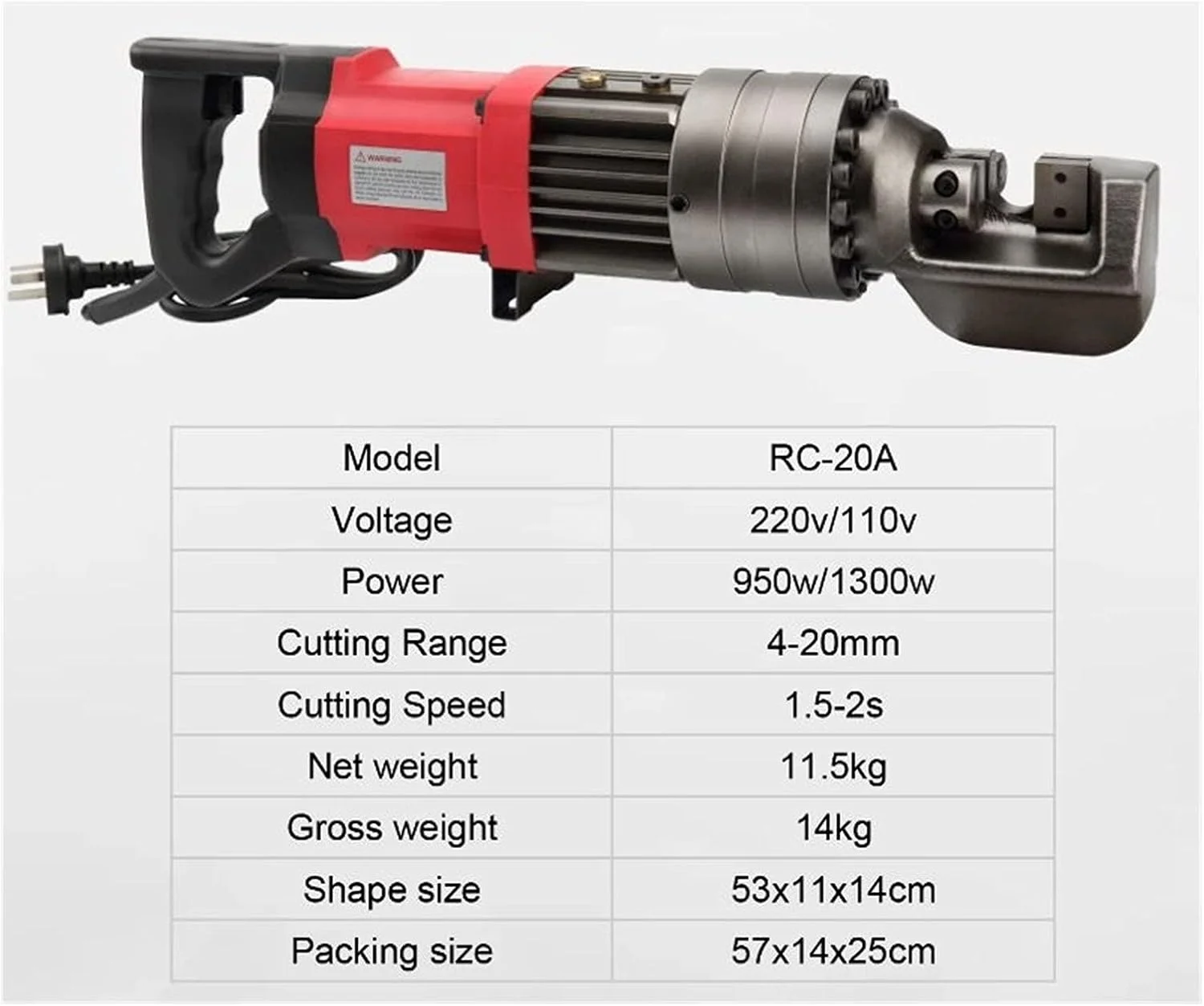 برش میلگرد هیدرولیک RC-20 قابل حمل، برش میلگرد هیدرولیک برقی تا 20 میلی متر میلگرد و میله گرد