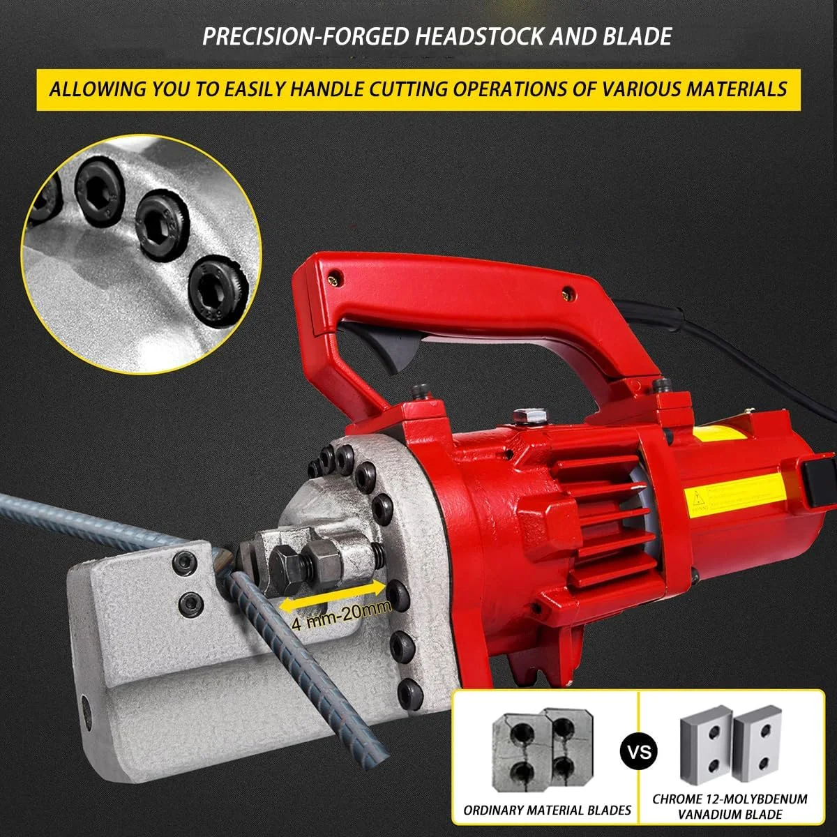 برش میلگرد هیدرولیک دستی 1250 وات، حداکثر برش تا 20 میلی متر، سرعت برش 3.0-3.5 ثانیه برای میلگرد، فولاد کم کربن، فولاد گرد، فولاد کربن متوسط