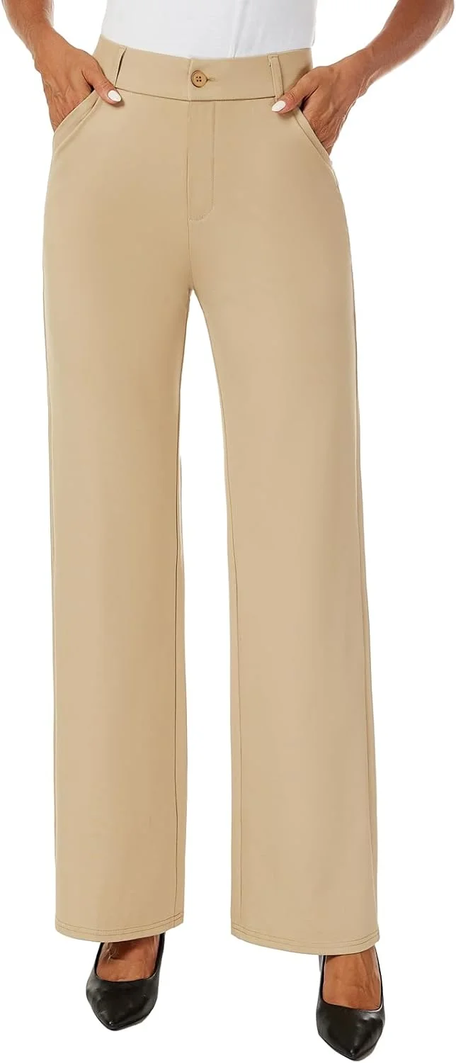 شلوار زنانه راسته و گشاد با کمر بلند iChosy، شلوار پارچه‌ای کژوال با جیب، خاکی، سایز 6