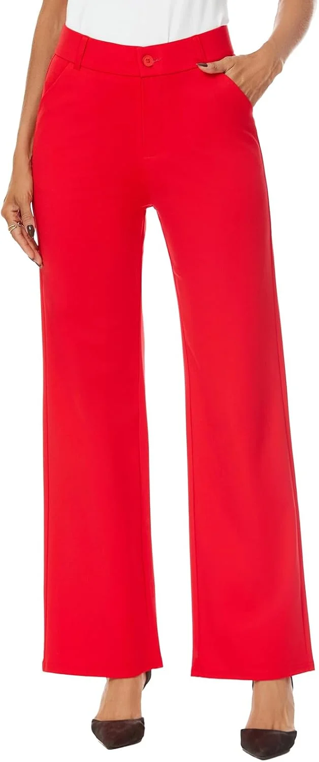 شلوار زنانه دمپا گشاد راسته کمر بلند iChosy، شلوار پارچه ای رسمی با جیب، قرمز، سایز 16
