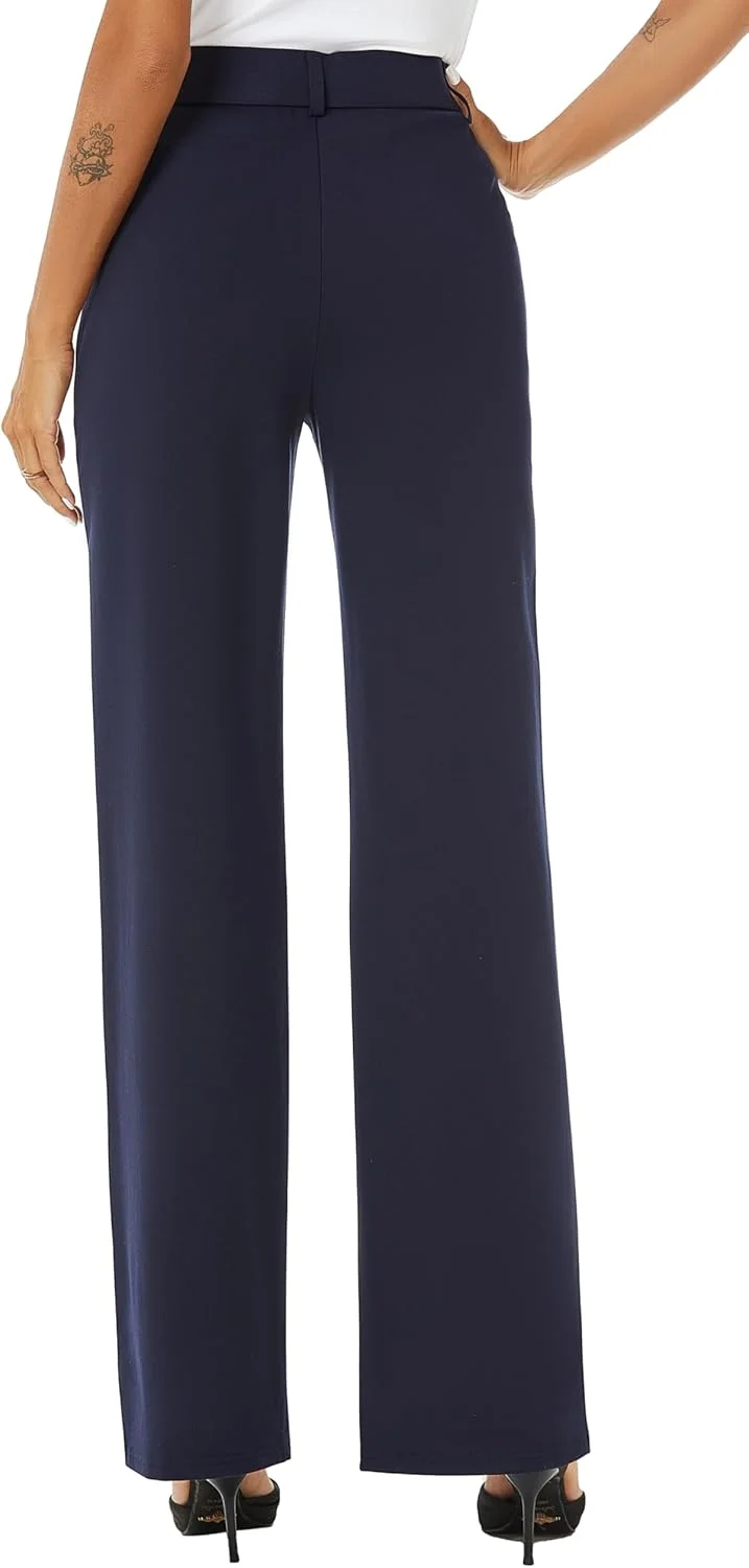 شلوار زنانه راسته پاچه گشاد کمر بلند iChosy، شلوار پارچه ای رسمی با جیب، سرمه ای، سایز 16