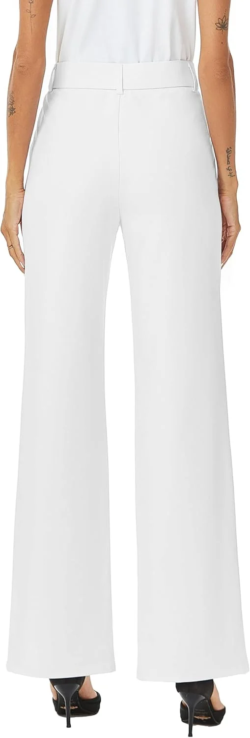 iChosy شلوار زنانه کمر بلند، پاچه گشاد و راسته، شلوار پارچه ای رسمی با جیب، سفید، سایز 44