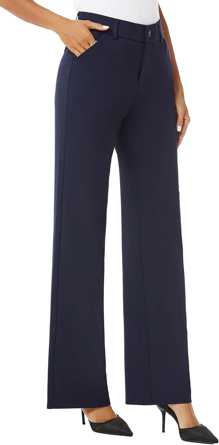 شلوار زنانه راسته پاچه گشاد کمر بلند iChosy، شلوار پارچه ای رسمی با جیب، سرمه ای، سایز 44