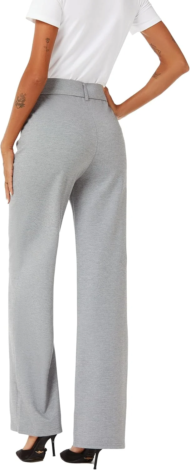 شلوار زنانه راسته پاچه گشاد کمر بلند iChosy، شلوار پارچه ای رسمی با جیب، خاکستری، سایز 46