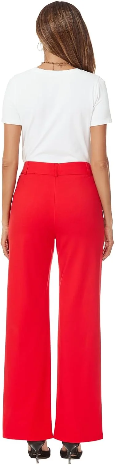 شلوار زنانه راسته پاچه گشاد کمر بلند iChosy، شلوار رسمی با جیب، قرمز، سایز 14