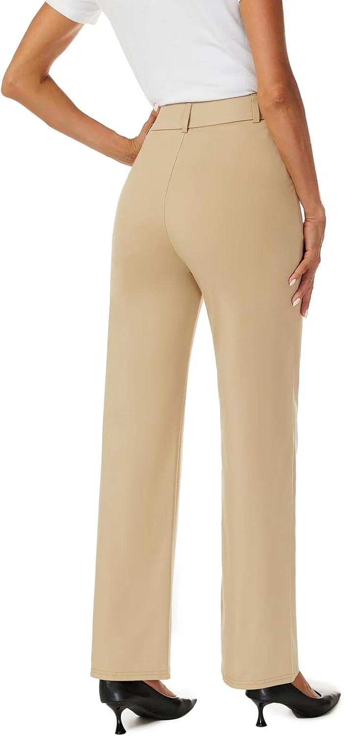 شلوار زنانه راسته پاچه گشاد کمر بلند iChosy، شلوار پارچه ای رسمی با جیب، خاکی، سایز 12