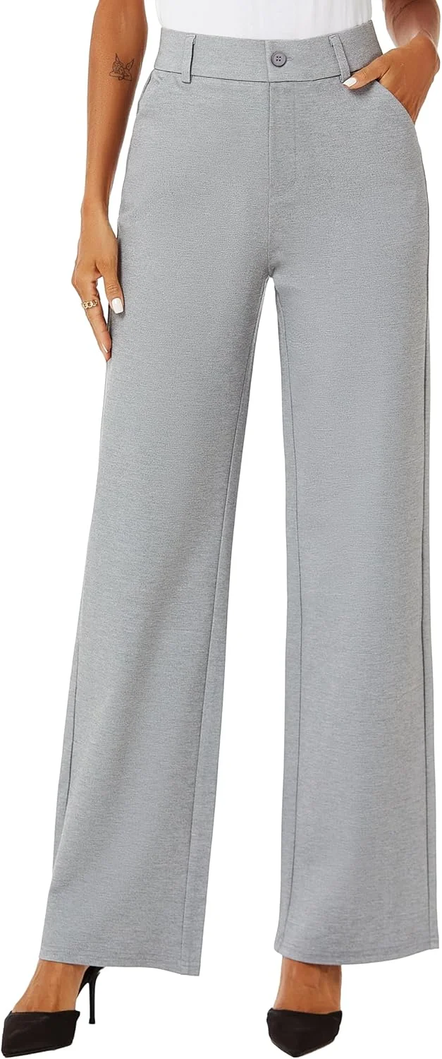 شلوار زنانه راسته پاچه گشاد کمر بلند iChosy، شلوار پارچه ای رسمی با جیب، خاکستری، سایز 8