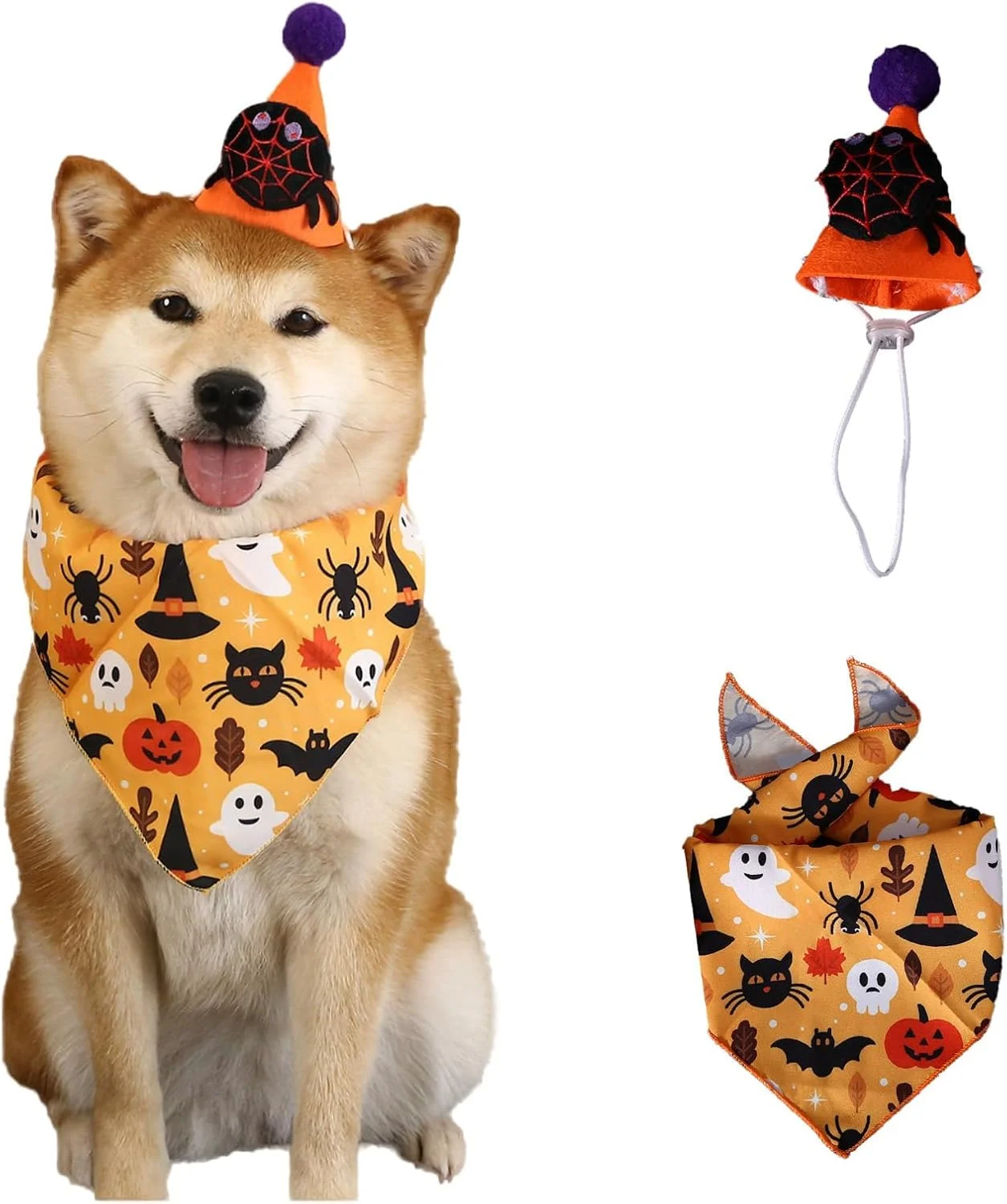 ست کلاه و دستمال گردن حیوانات خانگی KASTWAVE، 2 تکه دستمال گردن سگ و کلاه عنکبوتی زیبا برای لباس هالووین، دستمال گردن سگ قابل تنظیم، لباس سگ توله سگ هالووین، مدل عنکبوتی